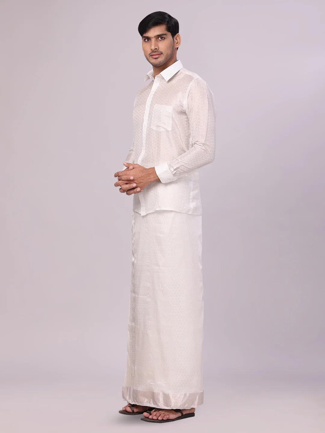 Men's Art Silk Off White Jacquard Full Sleeves Shirt with 2 1/2" Silver Jari Border & Towel Dhoti Combo Spruce - Image 3