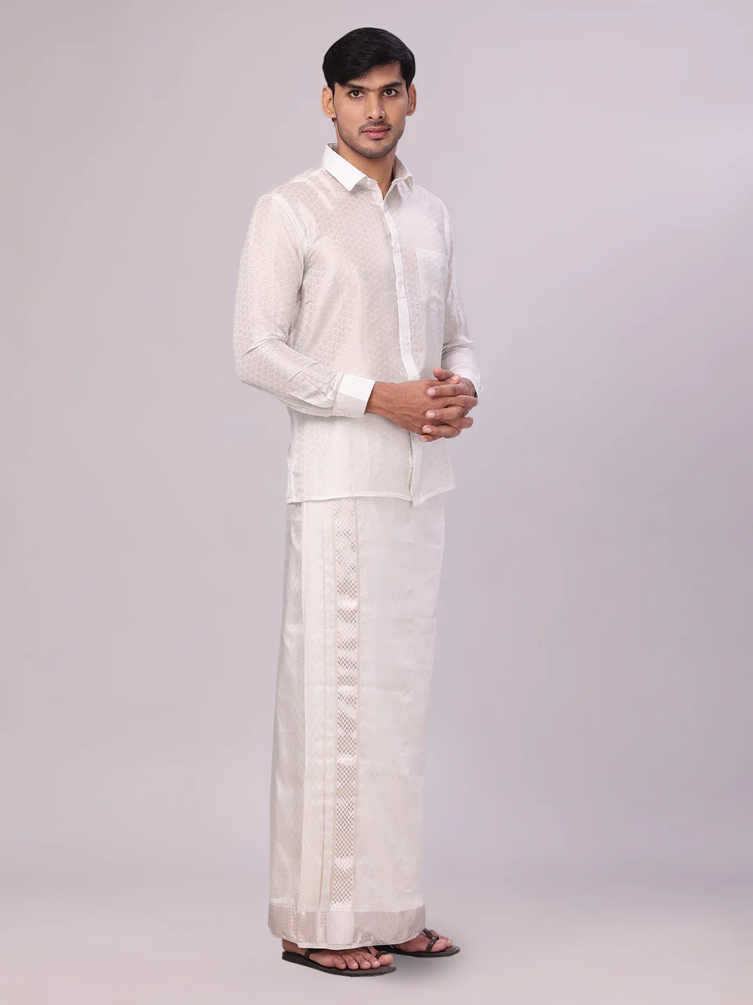Men's Art Silk Off White Jacquard Full Sleeves Shirt with 2 1/2" Silver Jari Border & Towel Dhoti Combo Spruce - Image 4