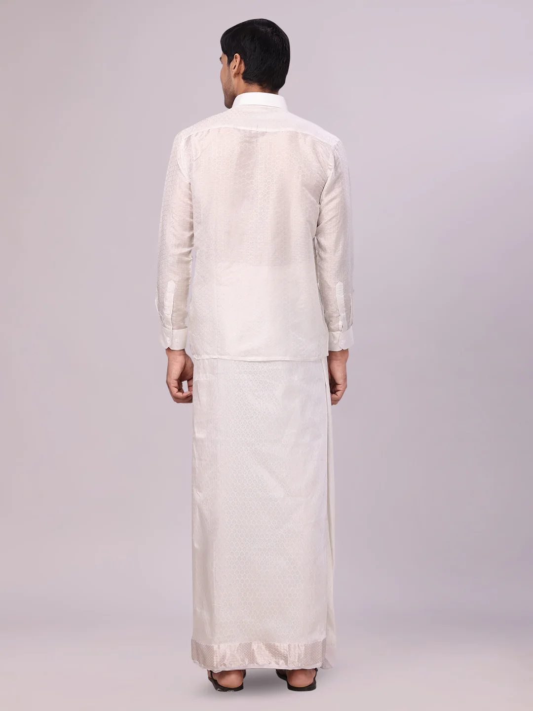 Men's Art Silk Off White Jacquard Full Sleeves Shirt with 2 1/2" Silver Jari Border & Towel Dhoti Combo Spruce - Image 5