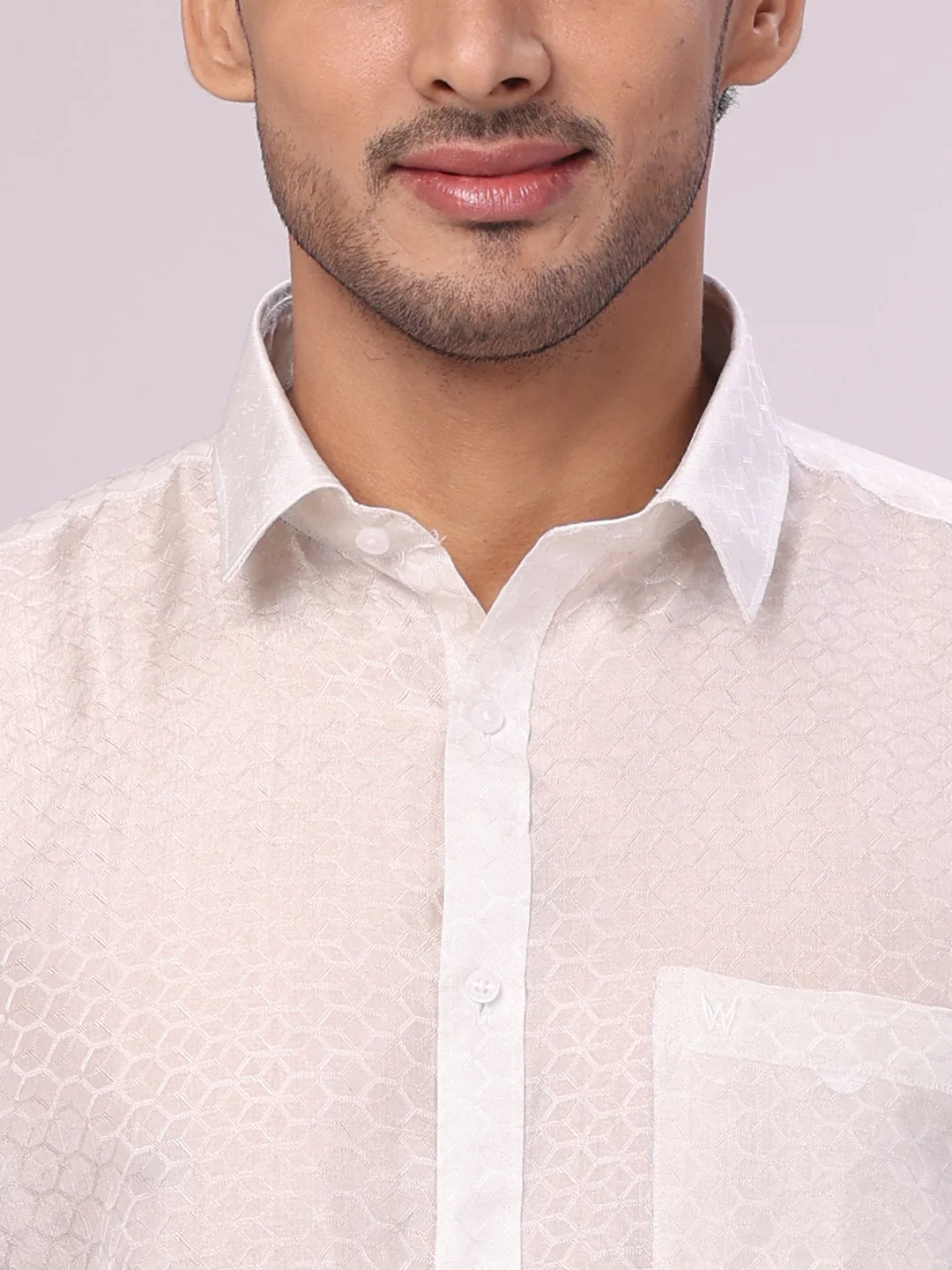 Men's Art Silk Off White Jacquard Full Sleeves Shirt with 2 1/2" Silver Jari Border & Towel Dhoti Combo Spruce - Image 6