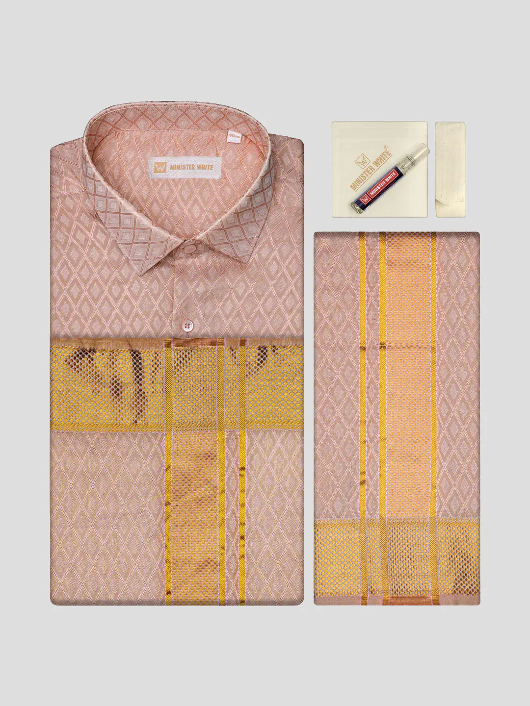 Men's Art Silk Pink Full Sleeves Jacquard Shirt with 2 1/2" Gold Jari Border & Towel Dhoti Combo Spruce