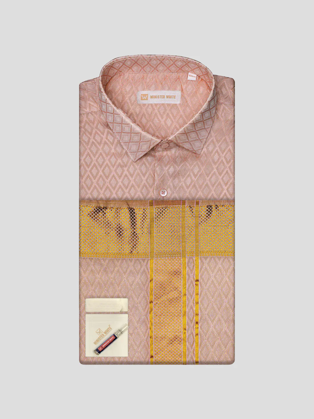 Men's Art Silk Pink Full Sleeves Jacquard Shirt with 2 1/2" Gold Jari Border & Towel Dhoti Combo Spruce - Image 2