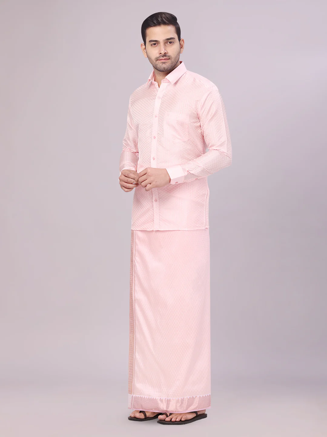 Men's Art Silk Pink Full Sleeves Shirt with 2 1/2" Copper Jari Border Dhoti Combo Nautica - Image 3