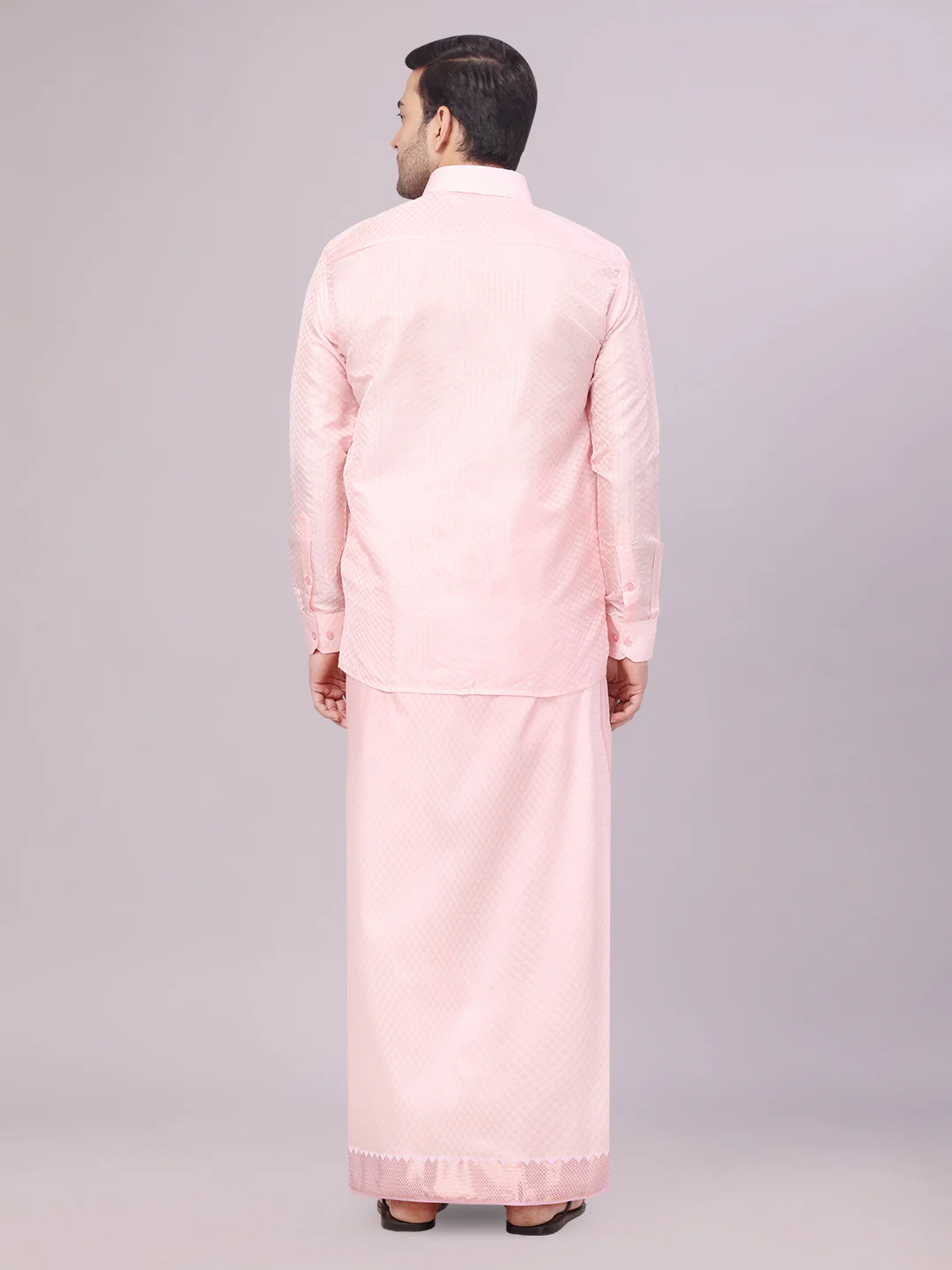 Men's Art Silk Pink Full Sleeves Shirt with 2 1/2" Copper Jari Border Dhoti Combo Nautica - Image 4