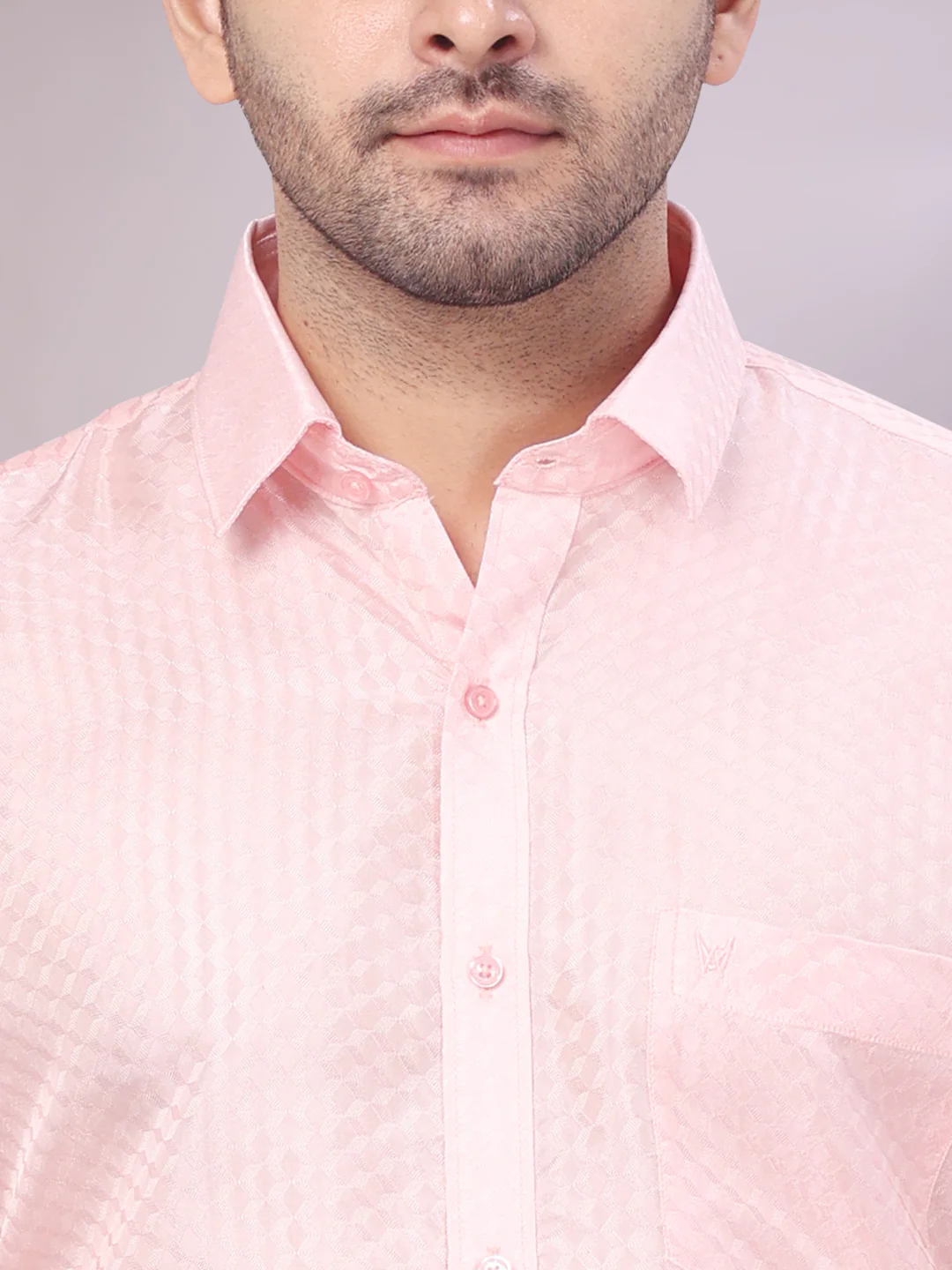 Men's Art Silk Pink Full Sleeves Shirt with 2 1/2" Copper Jari Border Dhoti Combo Nautica - Image 5