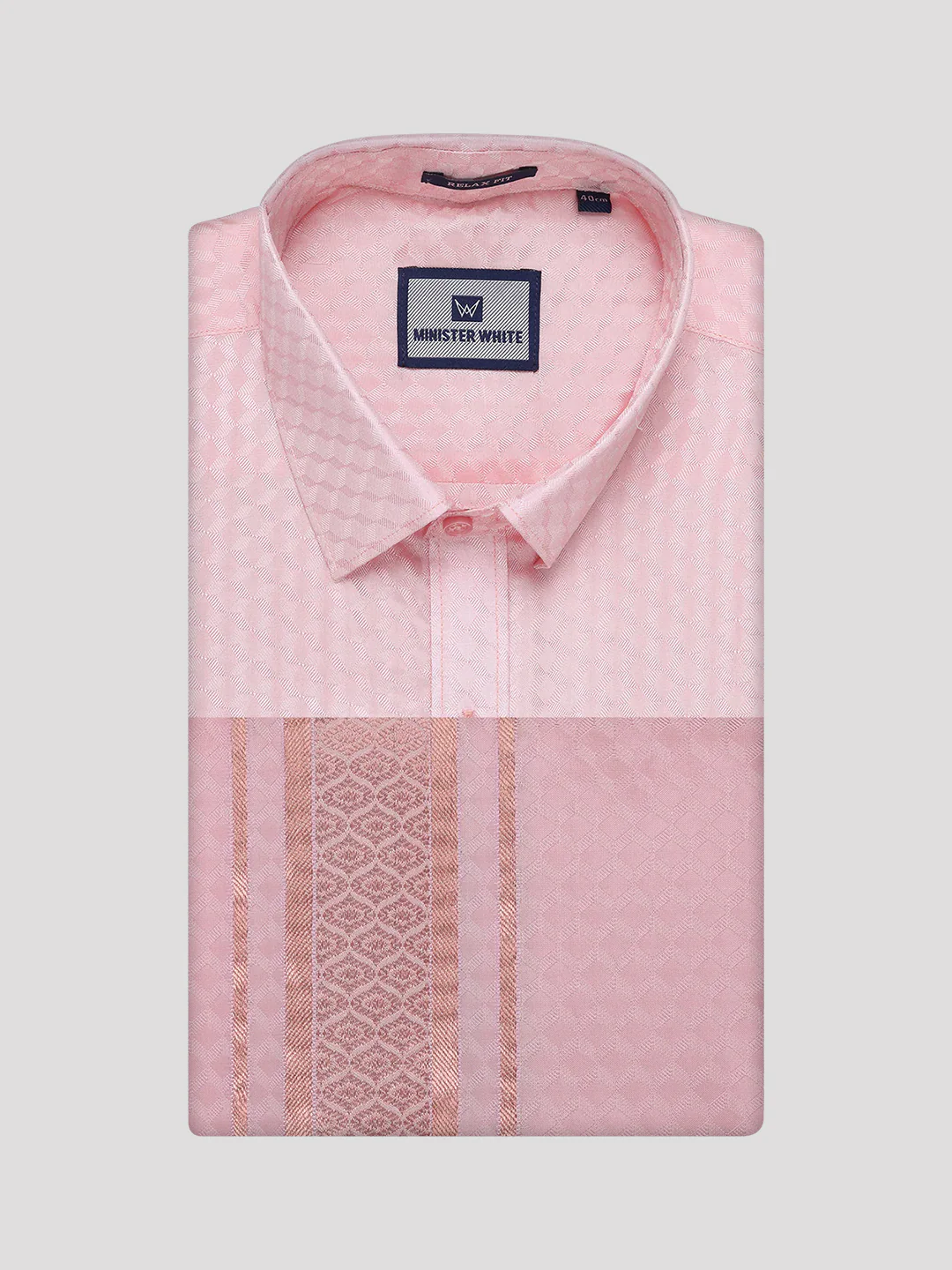 Men's Art Silk Pink Full Sleeves Shirt with 2 1/2" Copper Jari Border Dhoti Combo Nautica - Image 7