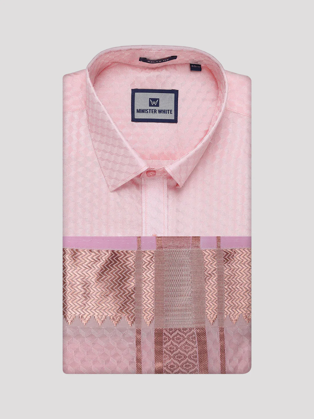 Men's Art Silk Pink Full Sleeves Shirt with 2 1/2" Copper Jari Border Dhoti Combo Nautica - Image 8