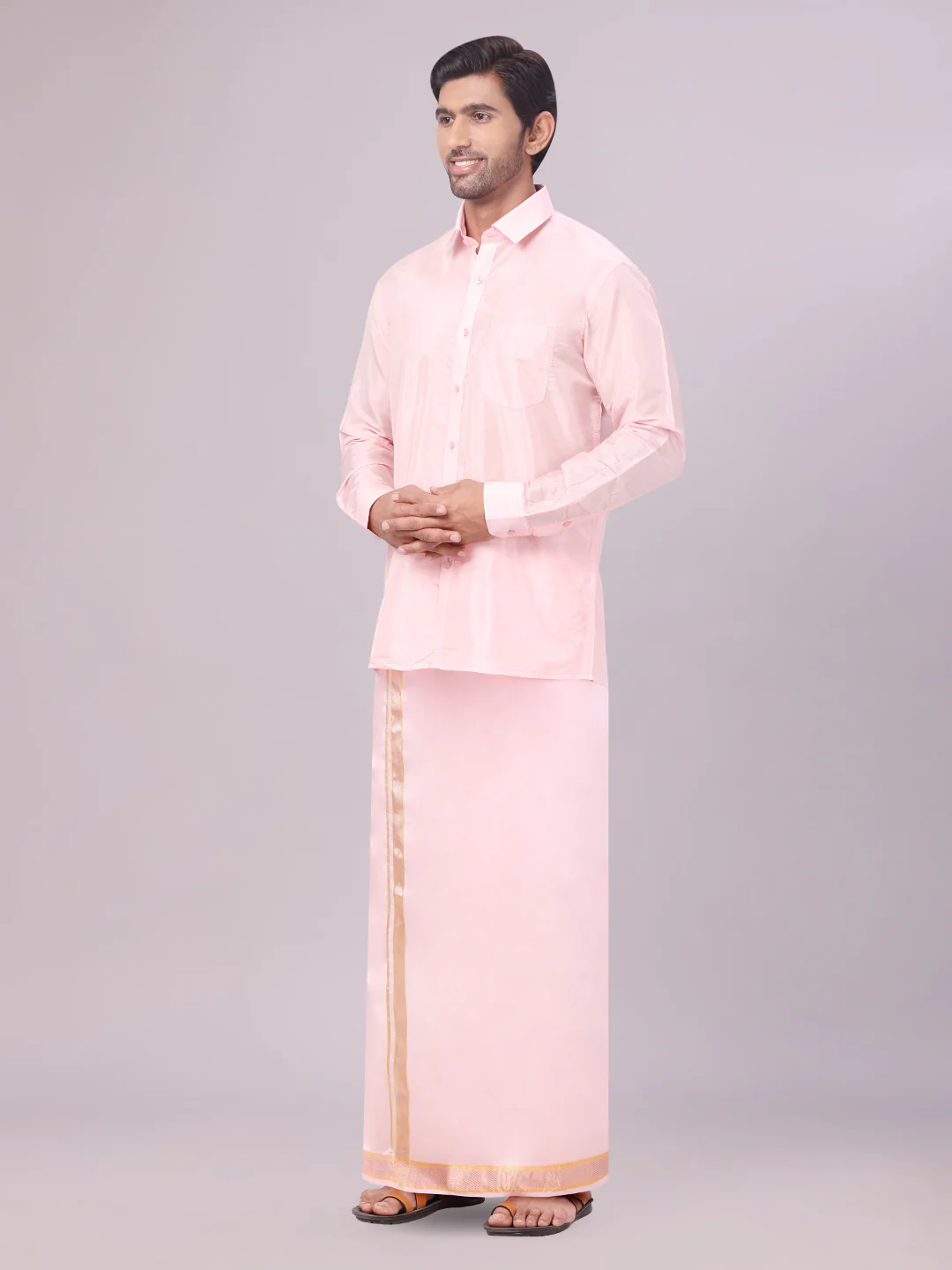 Men's Art Silk Pink Full Sleeves Shirt with Copper Jari Border Flexi Dhoti Combo Finesse - Image 3