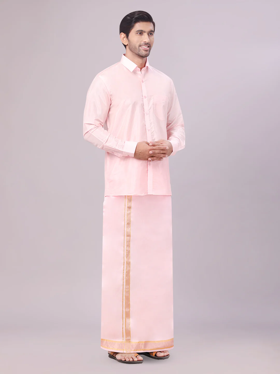 Men's Art Silk Pink Full Sleeves Shirt with Copper Jari Border Flexi Dhoti Combo Finesse - Image 4