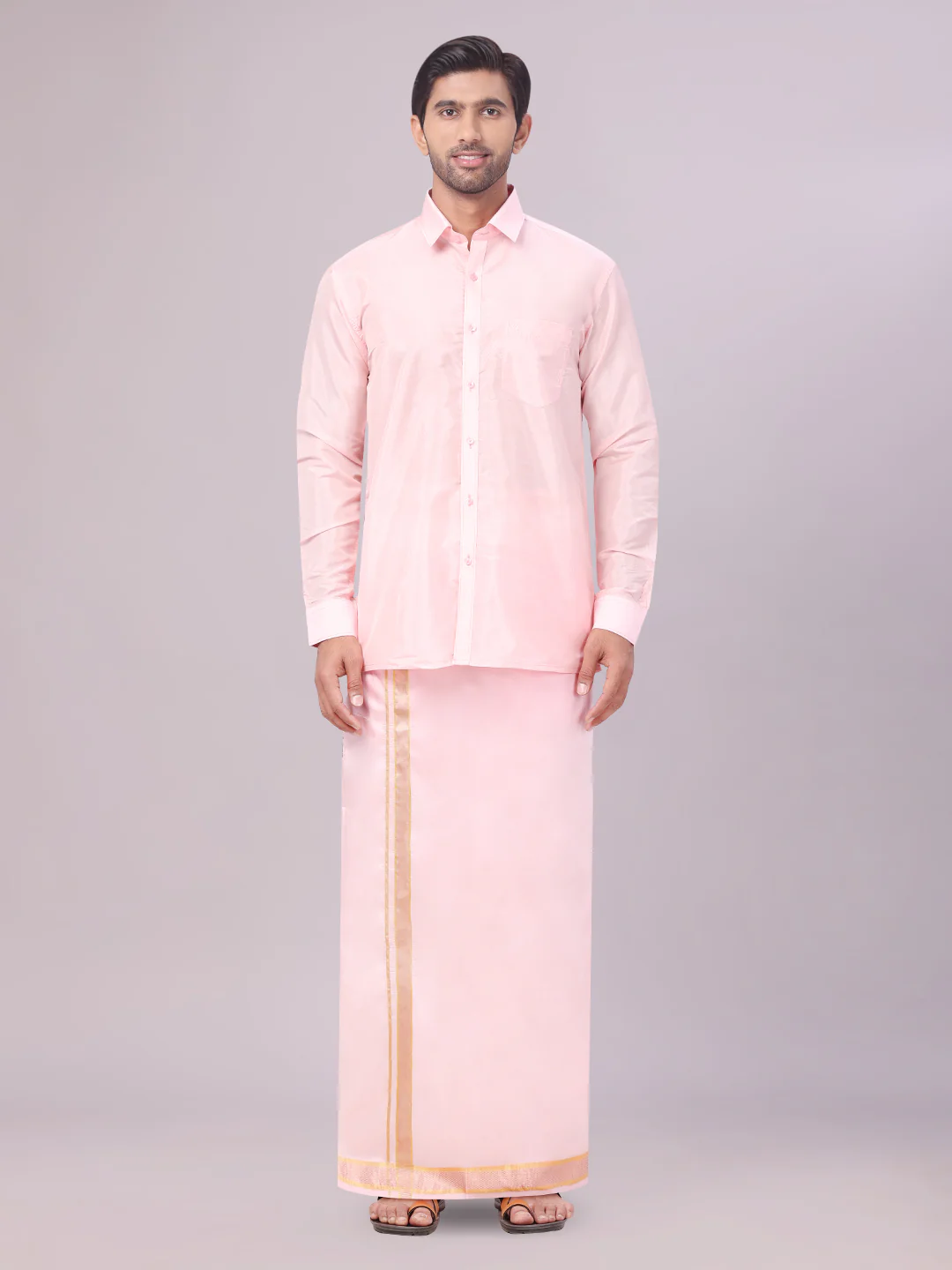 Men's Art Silk Pink Full Sleeves Shirt with Gold Jari Border Dhoti & Towel Combo Blush - Image 2