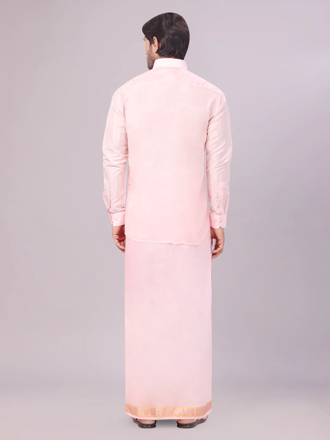 Men's Art Silk Pink Full Sleeves Shirt with Gold Jari Border Dhoti & Towel Combo Blush - Image 5