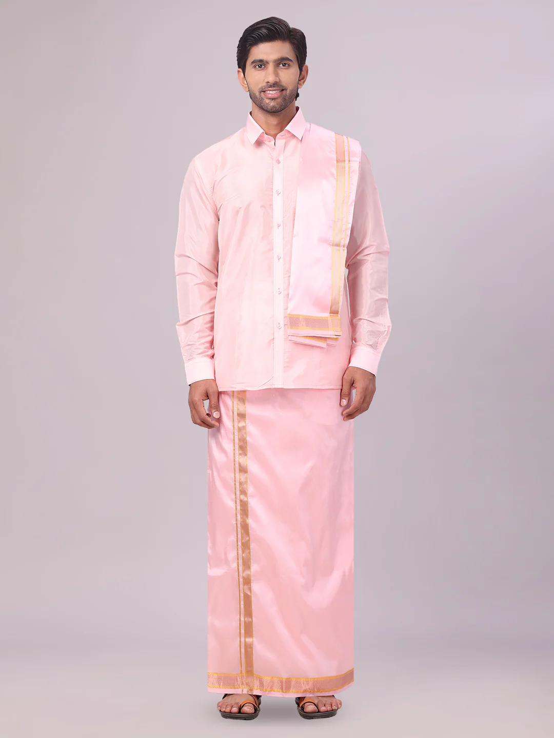 Men's Art Silk Pink Full Sleeves Shirt with Gold Jari Border Flexi Dhoti & Towel Combo Blush
