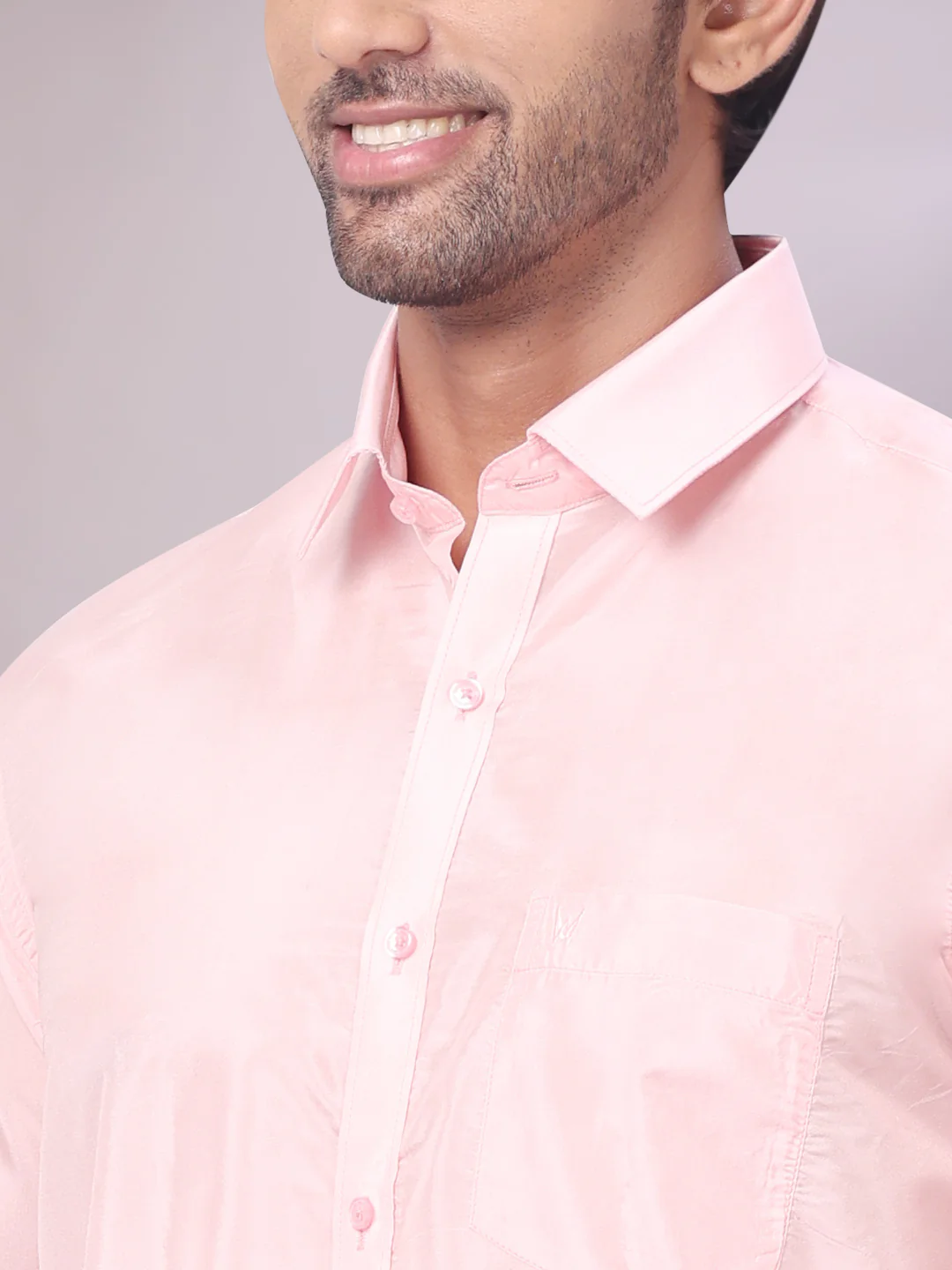 Men's Art Silk Pink Full Sleeves Shirt with Gold Jari Border Flexi Dhoti & Towel Combo Blush - Image 8