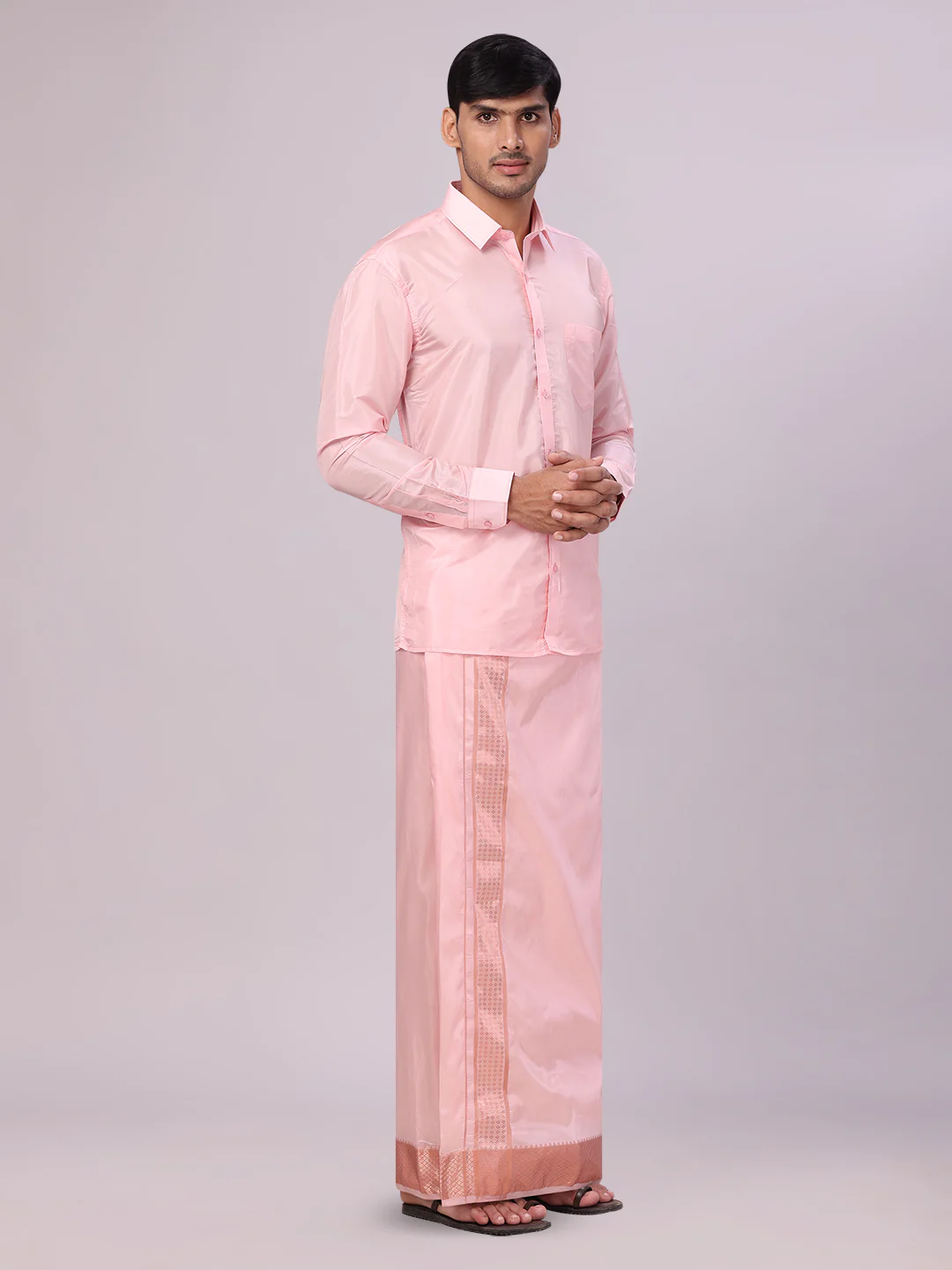 Men's Art Silk Pink Jacquard Full Sleeves Shirt with 3" Copper Jari Border Dhoti & Towel Combo Mangal - Image 3