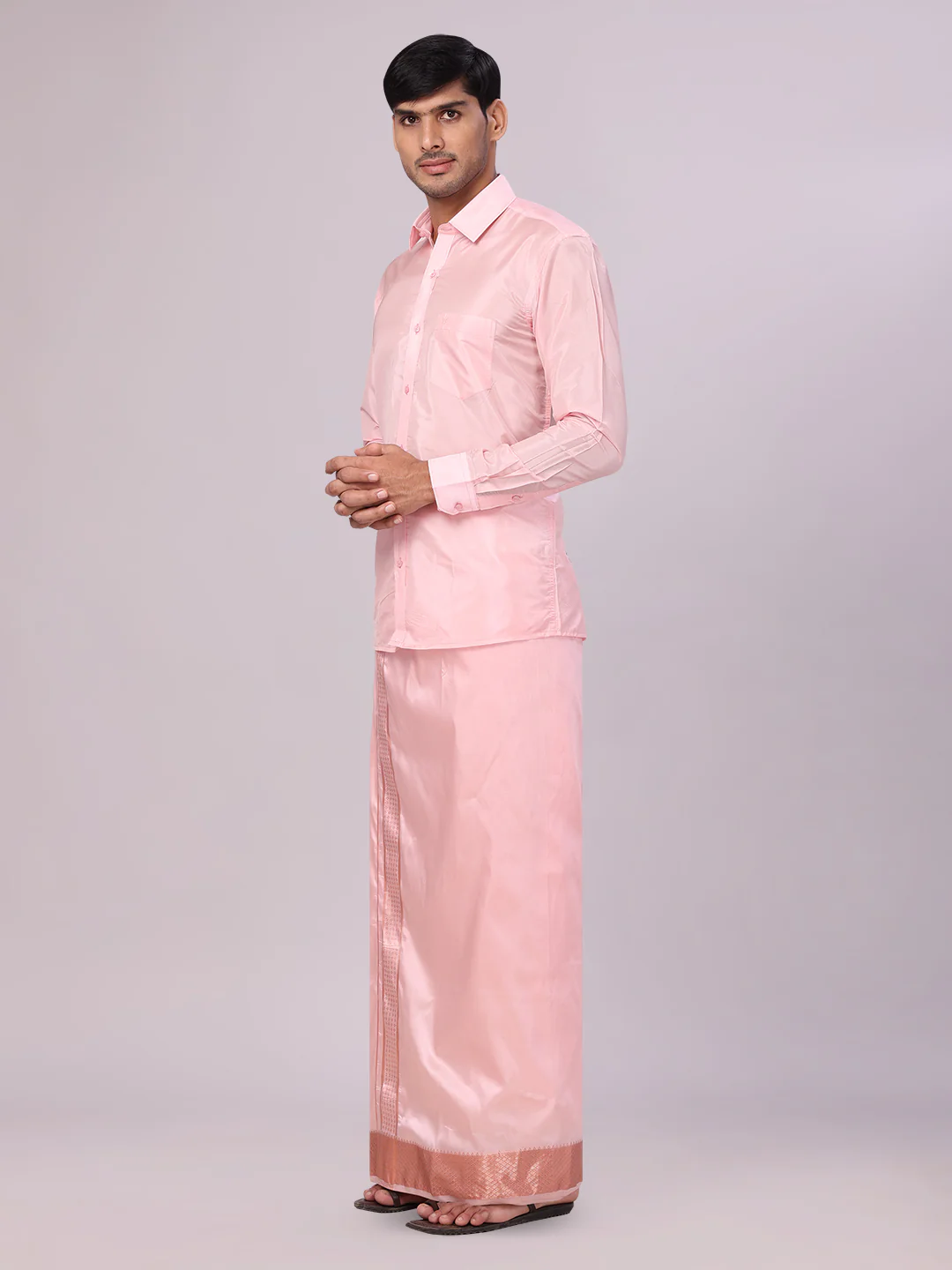 Men's Art Silk Pink Jacquard Full Sleeves Shirt with 3" Copper Jari Border Dhoti & Towel Combo Mangal - Image 4