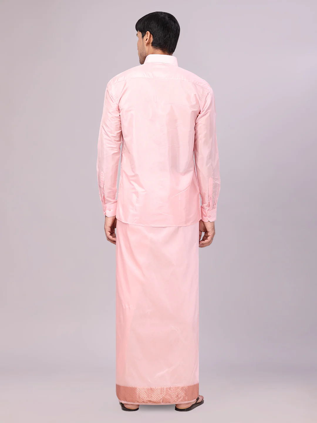 Men's Art Silk Pink Jacquard Full Sleeves Shirt with 3" Copper Jari Border Dhoti & Towel Combo Mangal - Image 5