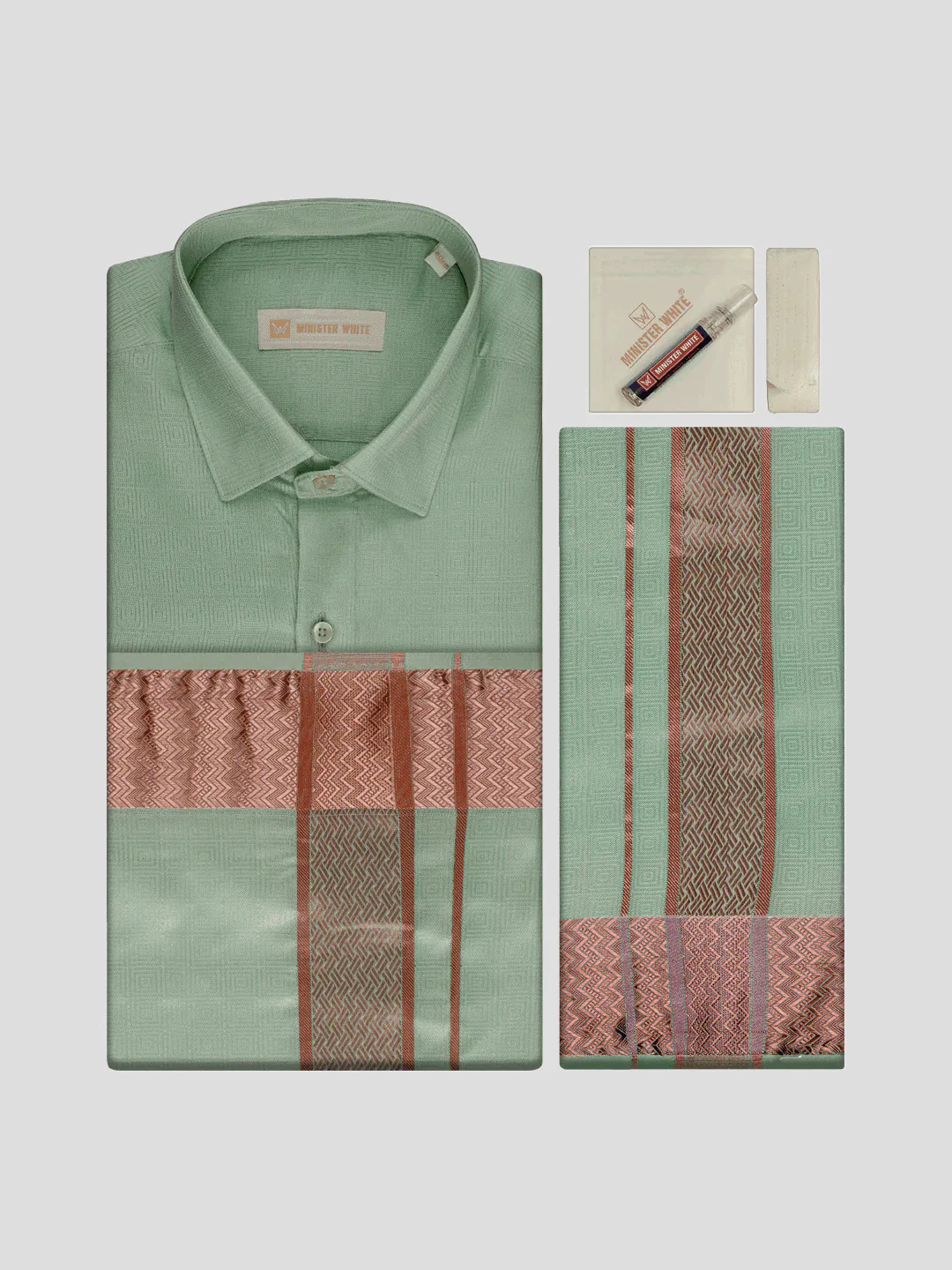 Men's Art Silk Pista Green Jacquard Full Sleeves Shirt with 2 1/2" Copper Jari Border Dhoti & Towel Combo Nautica