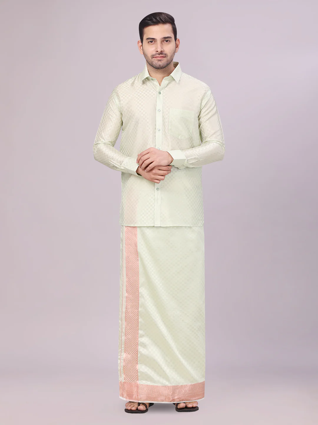 Mens Art Silk Pista Green Full Sleeves Jacquard Shirt with 3 1/2" Copper Jari Border Dhoti Combo Nautica