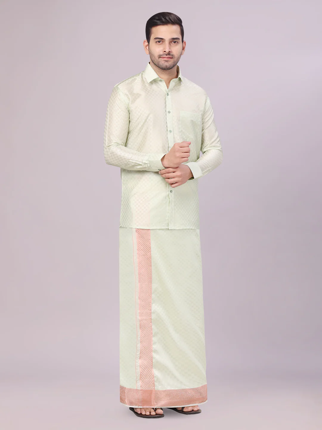 Mens Art Silk Pista Green Full Sleeves Jacquard Shirt with 3 1/2" Copper Jari Border Dhoti Combo Nautica - Image 2