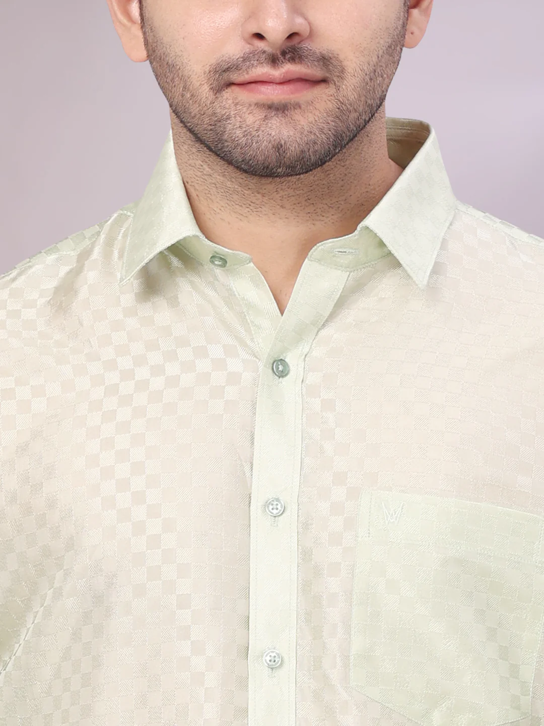 Mens Art Silk Pista Green Full Sleeves Jacquard Shirt with 3 1/2" Copper Jari Border Dhoti Combo Nautica - Image 5