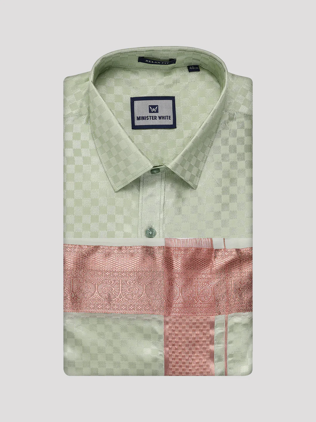 Mens Art Silk Pista Green Full Sleeves Jacquard Shirt with 3 1/2" Copper Jari Border Dhoti Combo Nautica - Image 6