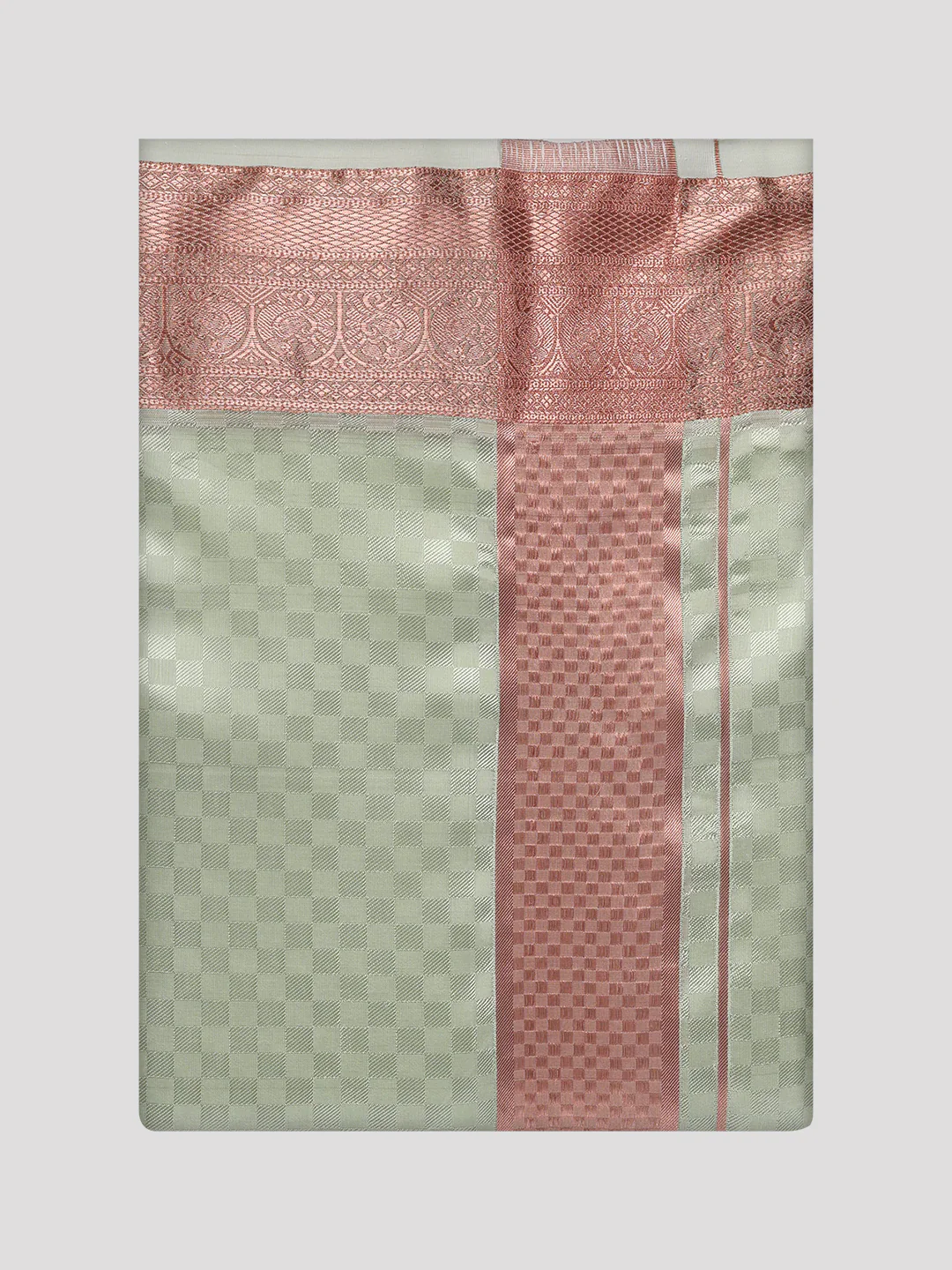 Mens Art Silk Pista Green Full Sleeves Jacquard Shirt with 3 1/2" Copper Jari Border Dhoti Combo Nautica - Image 8