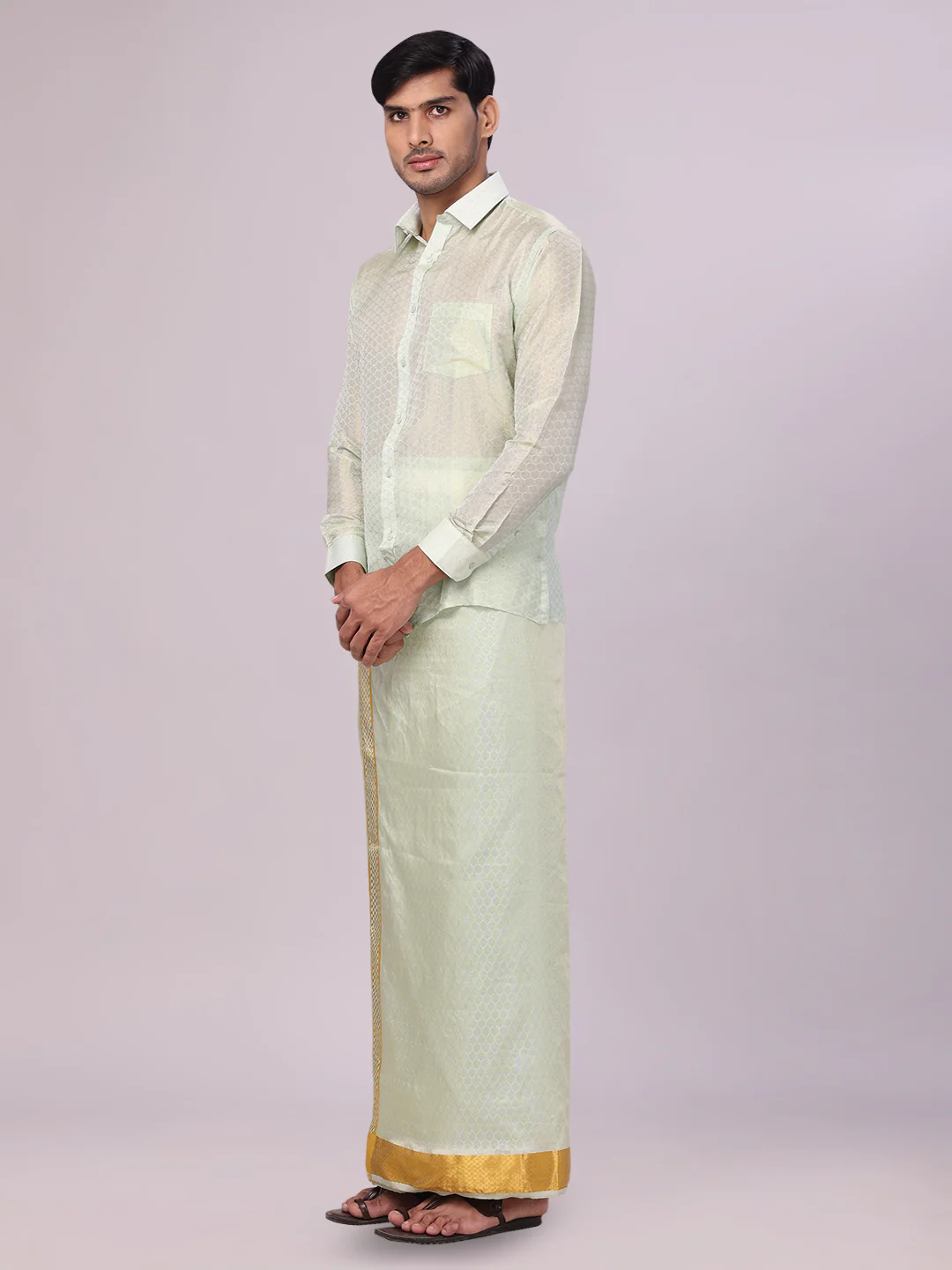 Men's Art Silk Pista Jacquard Full Sleeves Shirt with 2 1/2" Gold Jari Border Dhoti Combo Spruce - Image 3