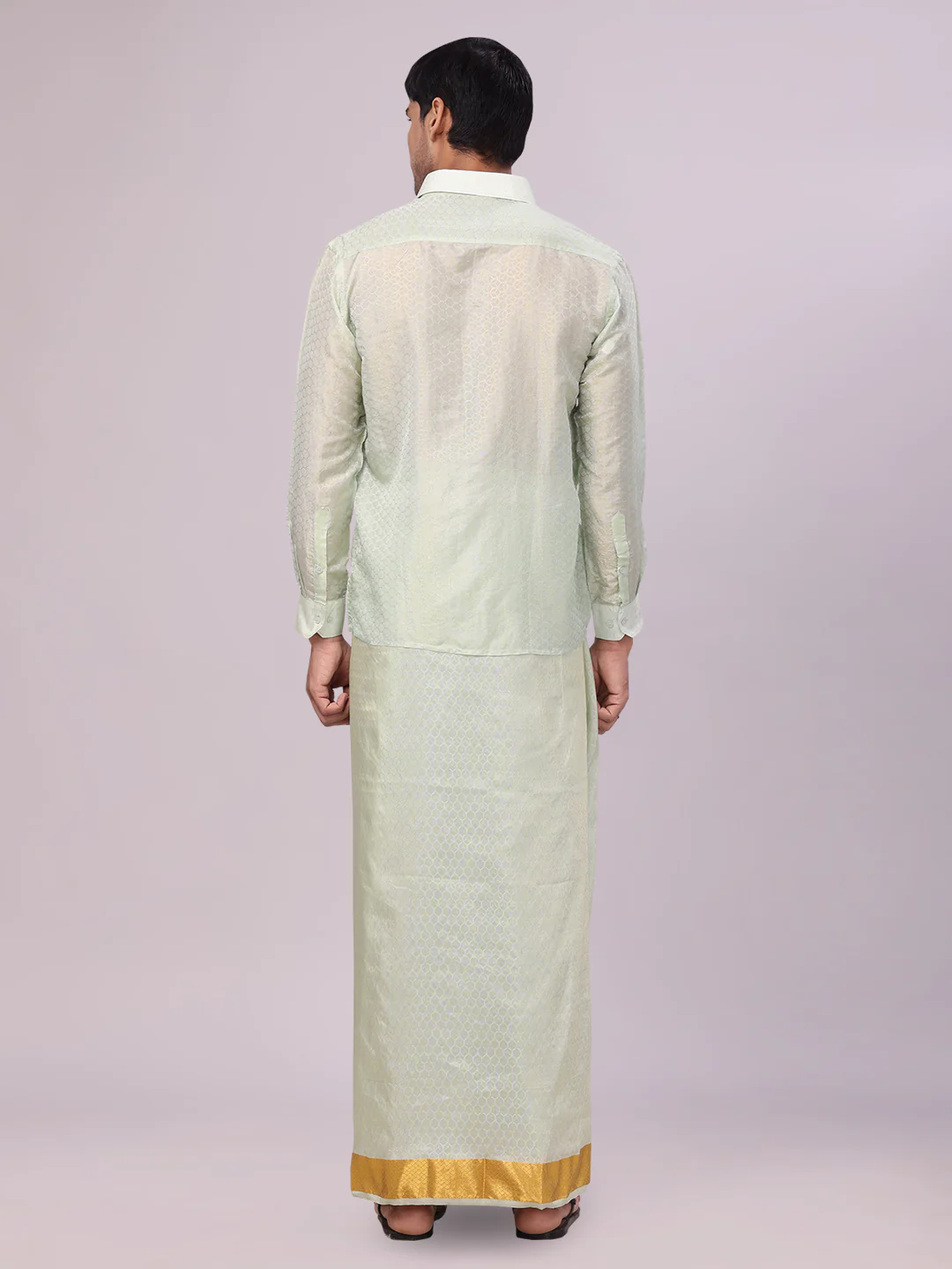 Men's Art Silk Pista Jacquard Full Sleeves Shirt with 2 1/2" Gold Jari Border Dhoti Combo Spruce - Image 4