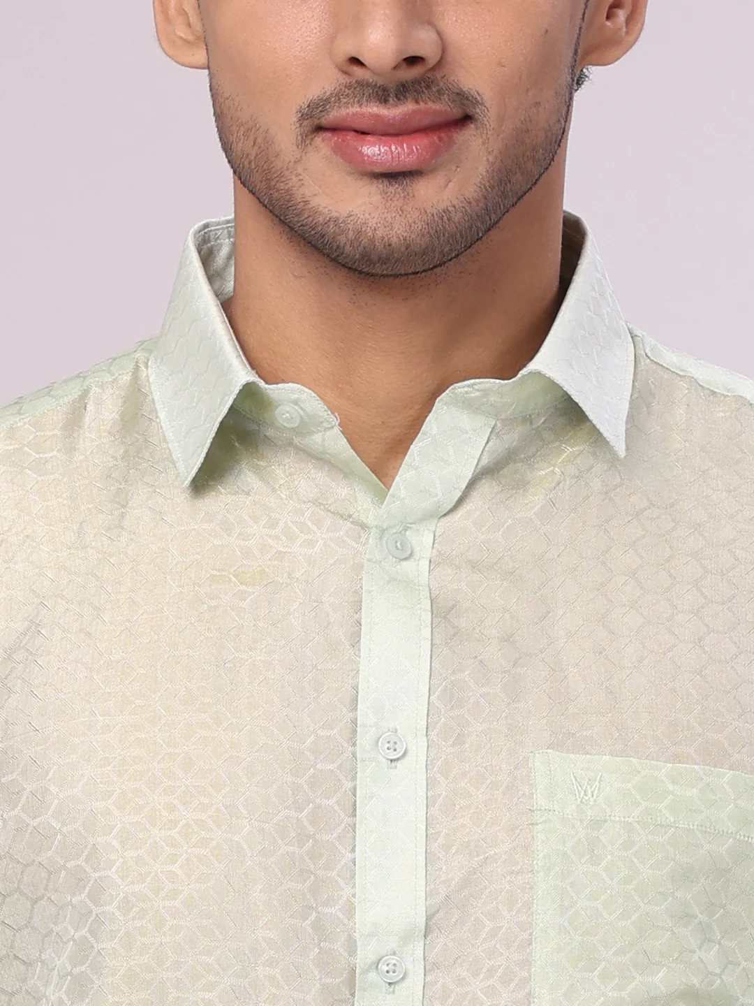 Men's Art Silk Pista Jacquard Full Sleeves Shirt with 2 1/2" Gold Jari Border Dhoti Combo Spruce - Image 5