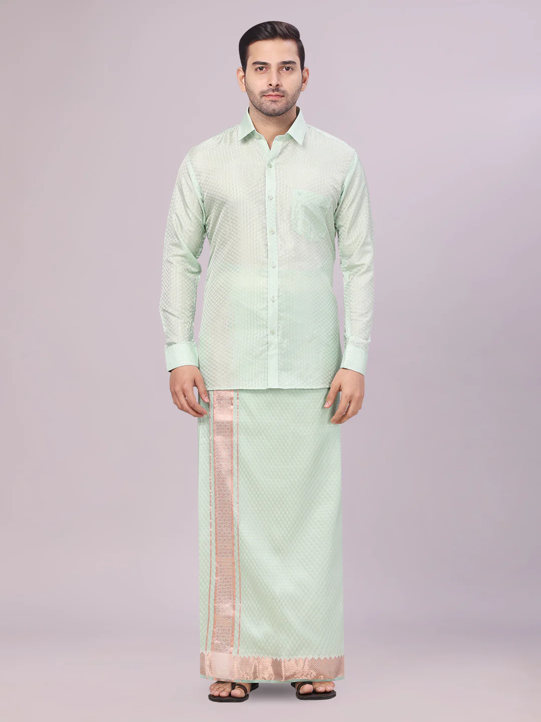 Men's Art Silk Pista Jacquard Full Sleeves Shirt with 2 1/2" Jari Border Dhoti & Towel Combo Nautica - Image 2