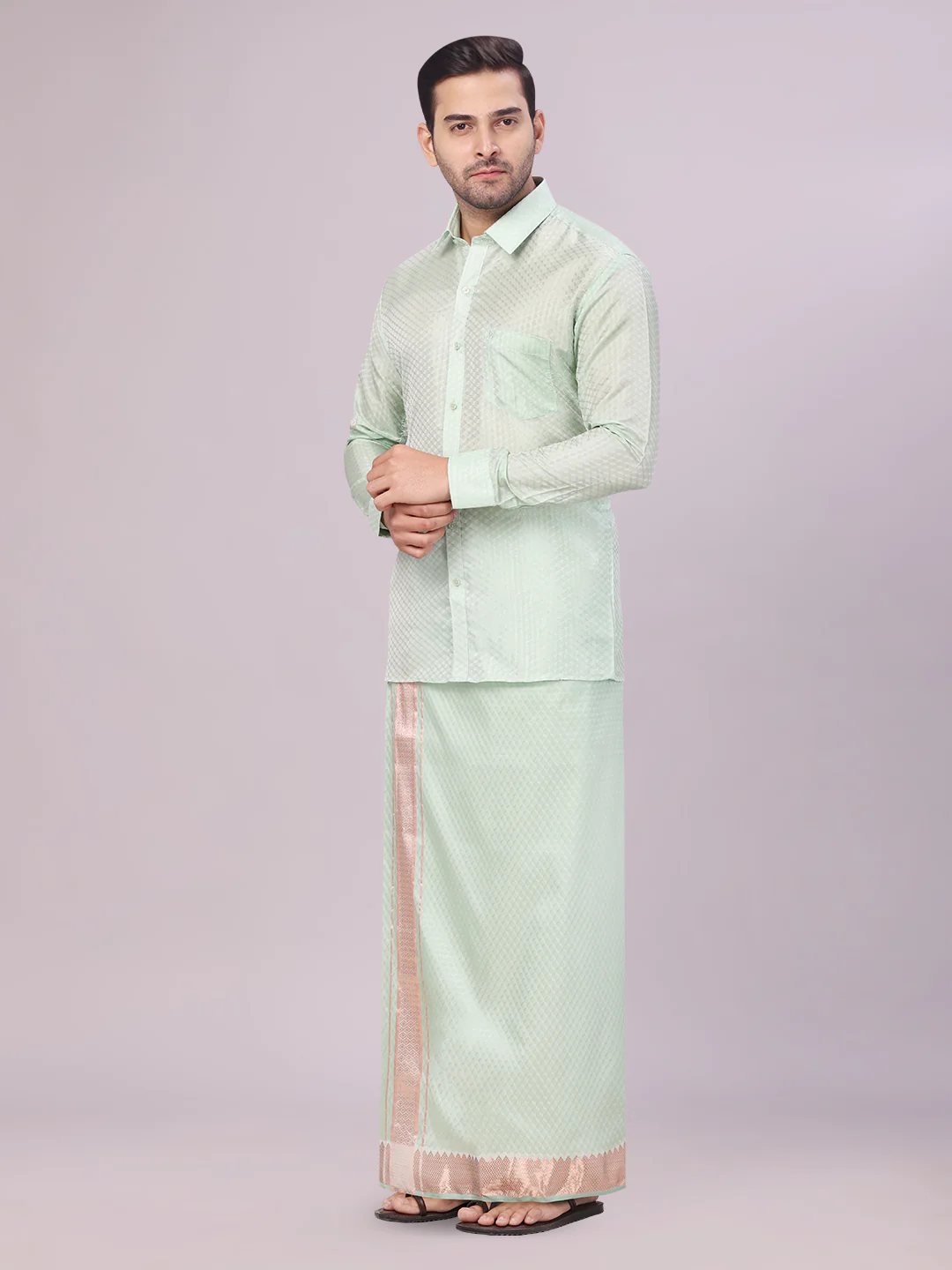 Men's Art Silk Pista Jacquard Full Sleeves Shirt with 2 1/2" Jari Border Dhoti & Towel Combo Nautica - Image 3