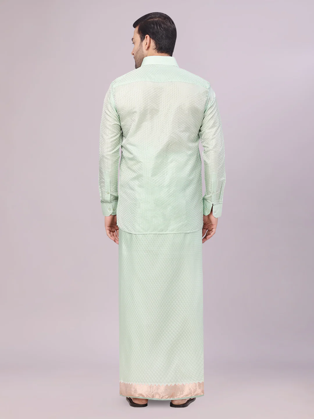 Men's Art Silk Pista Jacquard Full Sleeves Shirt with 2 1/2" Jari Border Dhoti & Towel Combo Nautica - Image 4