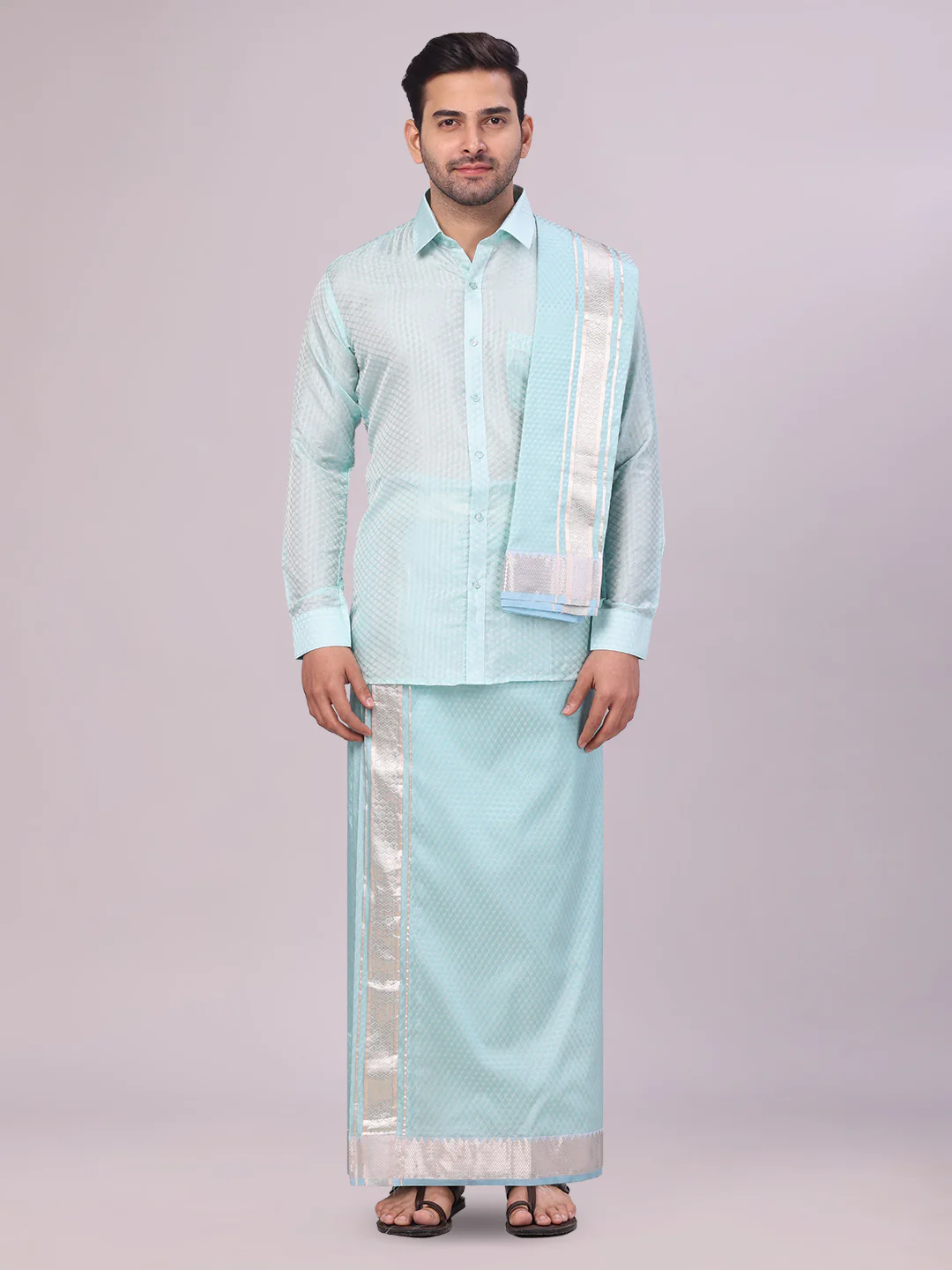 Men's Art Silk Sea Green Jacquard Full Sleeves Shirt with 2 1/2" Jari Border Dhoti & Towel Combo Nautica
