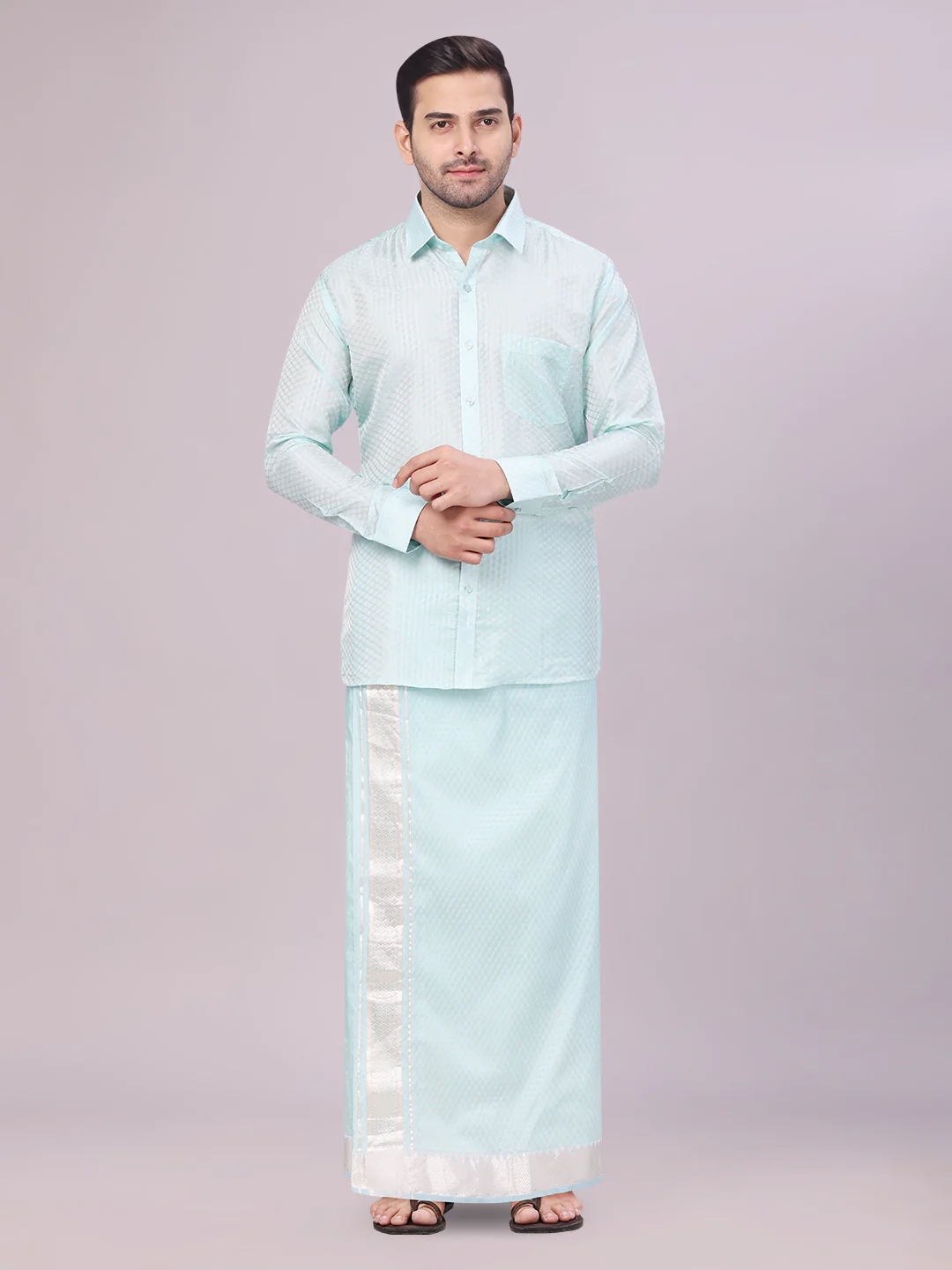 Men's Art Silk Sea Green Jacquard Full Sleeves Shirt with 2 1/2" Jari Border Dhoti & Towel Combo Nautica - Image 2