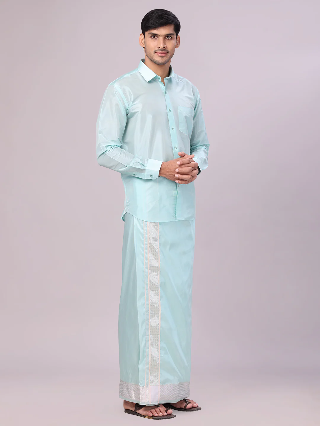 Men's Art Silk Sea Green Jacquard Full Sleeves Shirt with 3" Silver Jari Border Dhoti Combo Mangal - Image 3