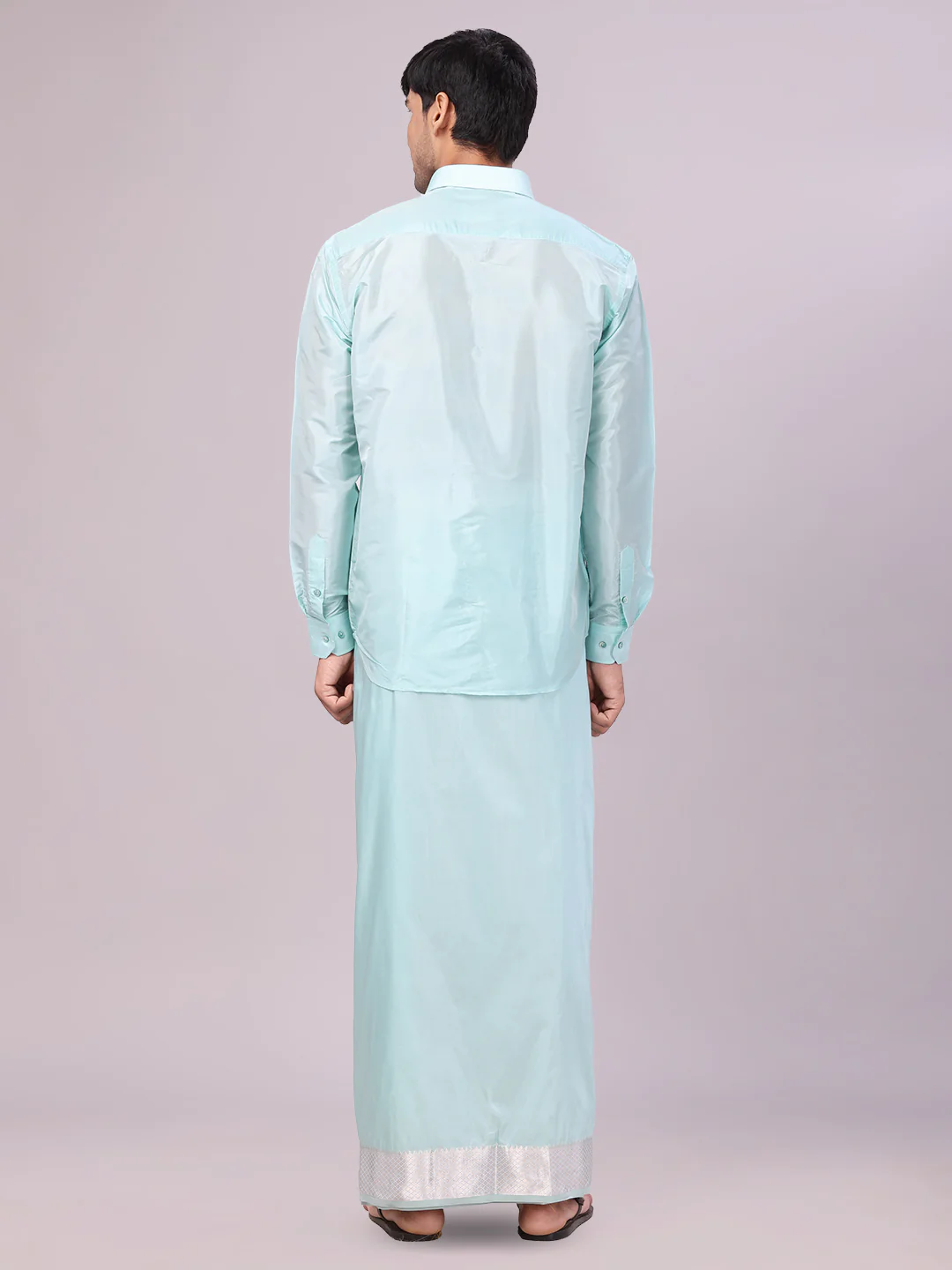 Men's Art Silk Sea Green Jacquard Full Sleeves Shirt with 3" Silver Jari Border Dhoti Combo Mangal - Image 4