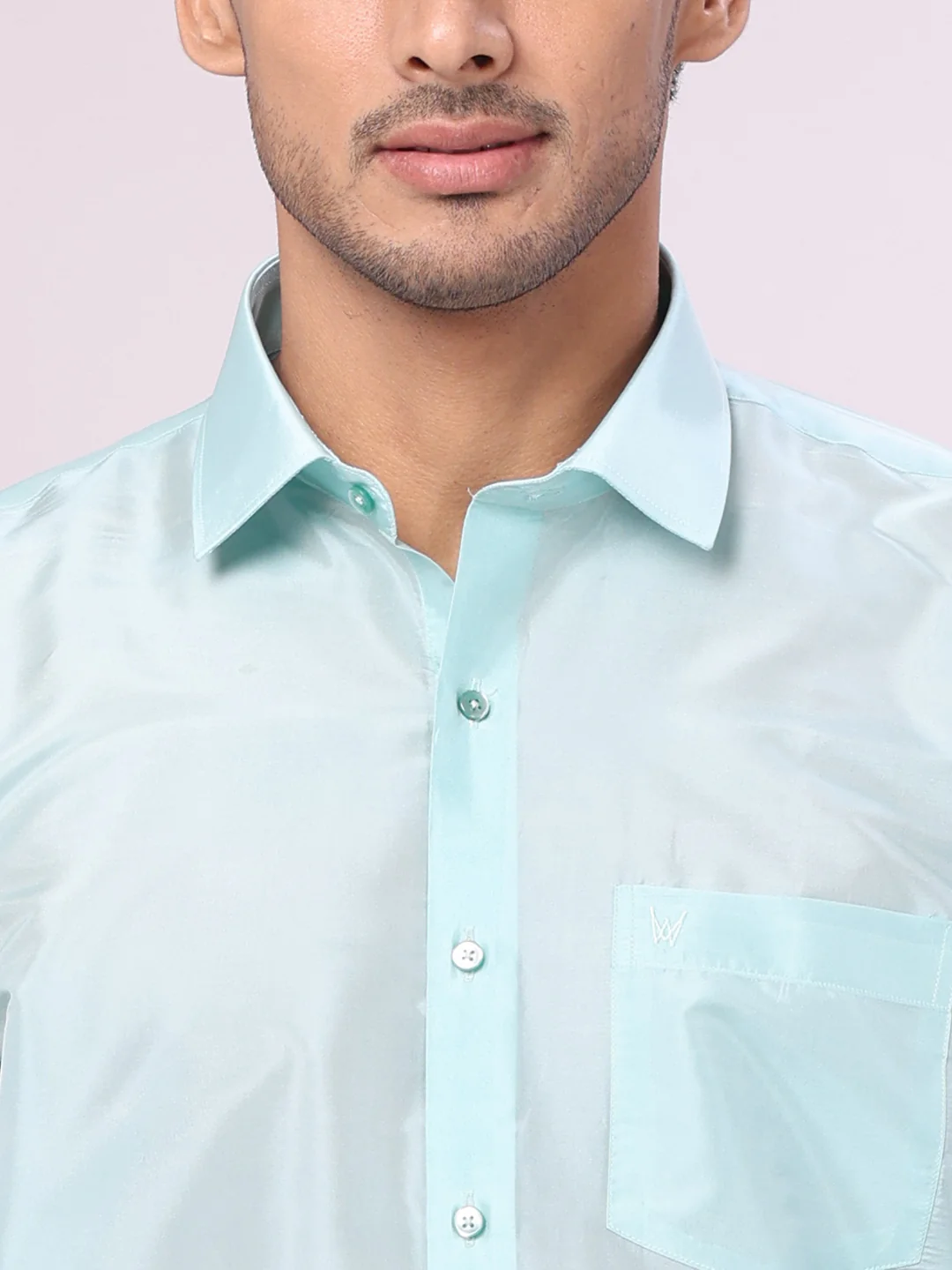 Men's Art Silk Sea Green Jacquard Full Sleeves Shirt with 3" Silver Jari Border Dhoti Combo Mangal - Image 6