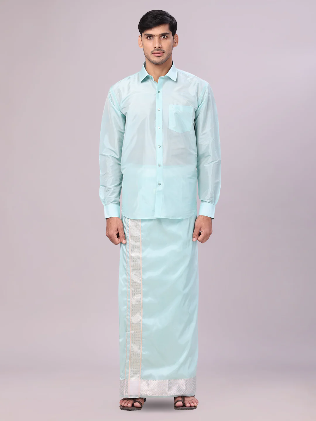 Men's Art Silk Sea Green Jacquard Full Sleeves Shirt with 3" Gold Jari Border Dhoti & Towel Combo Mangal - Image 2