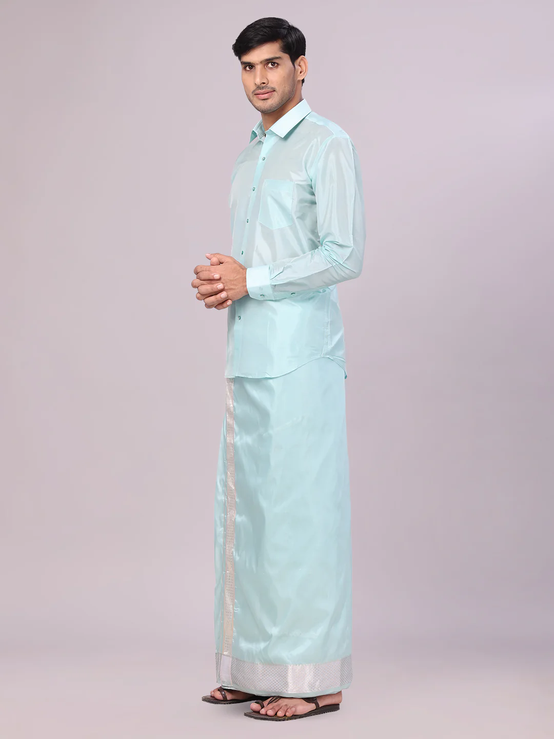 Men's Art Silk Sea Green Jacquard Full Sleeves Shirt with 3" Gold Jari Border Dhoti & Towel Combo Mangal - Image 5