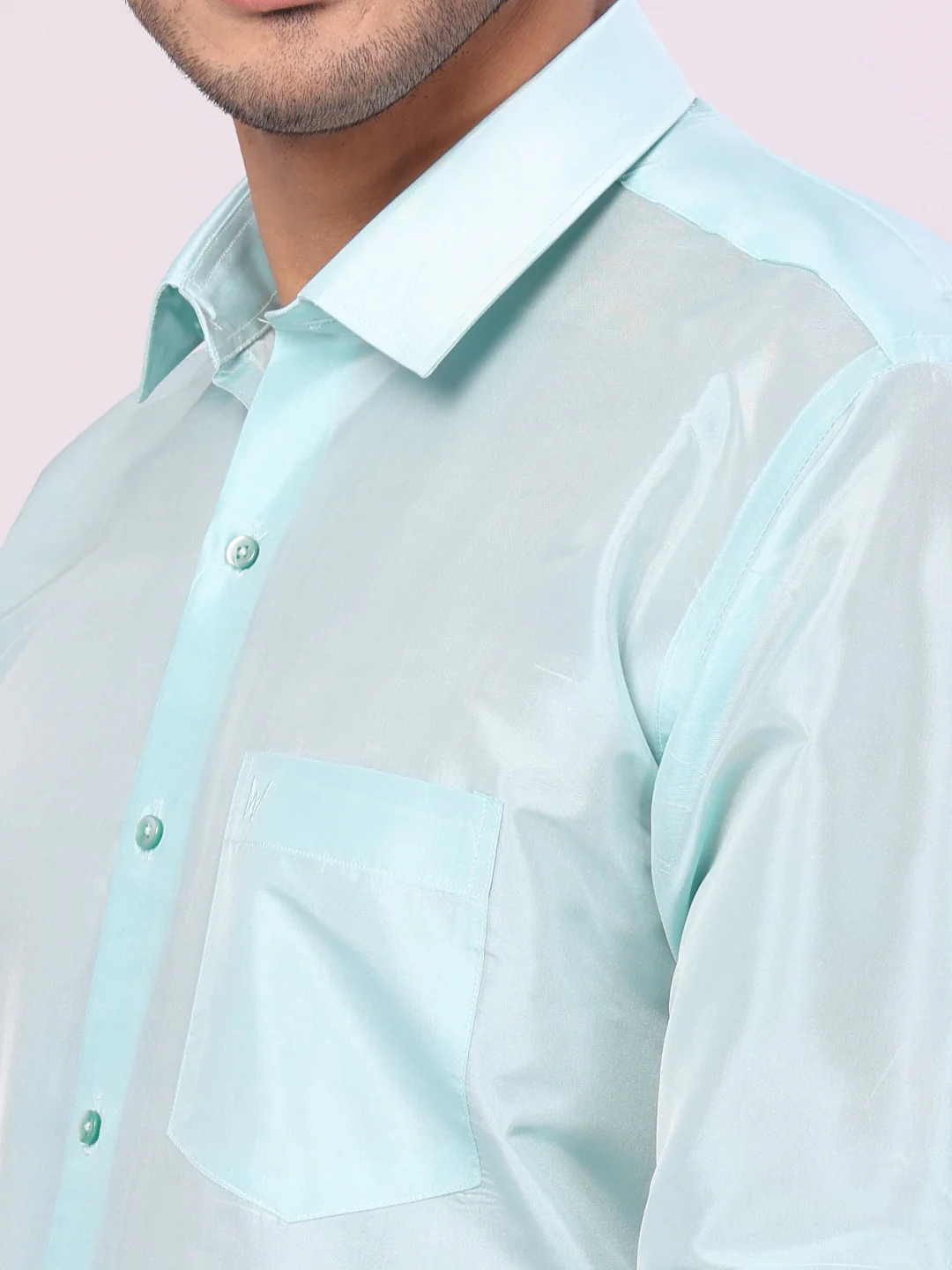 Men's Art Silk Sea Green Jacquard Full Sleeves Shirt with 3" Gold Jari Border Dhoti & Towel Combo Mangal - Image 6