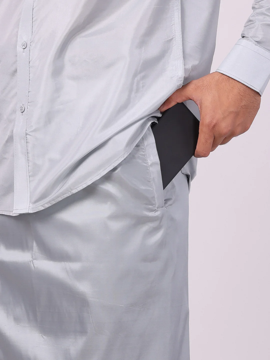 Men's Art Silk Steel Grey Full Sleeves Shirt with Silver Jari Border Flexi Dhoti Combo Finesse - Image 2