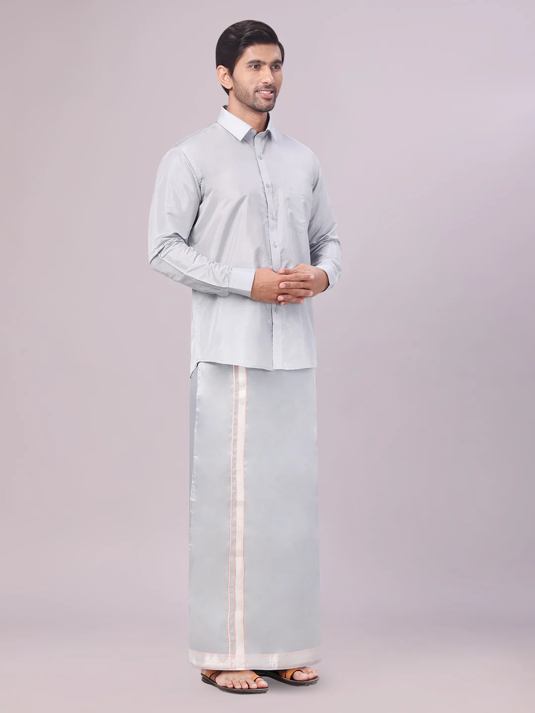 Men's Art Silk Steel Grey Full Sleeves Shirt with Silver Jari Border Flexi Dhoti Combo Finesse - Image 3