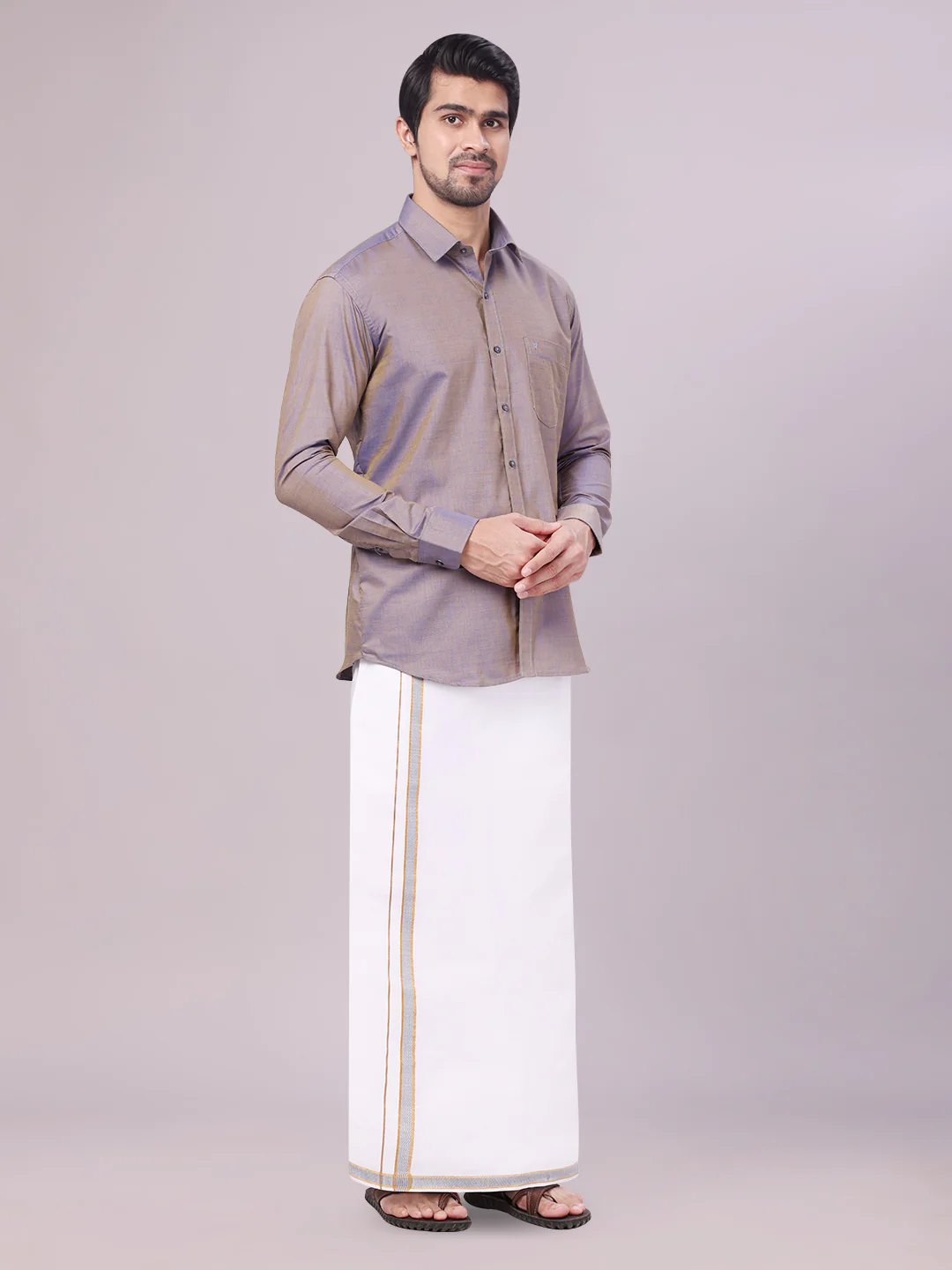 Men's Ash Grey Shirt with Matching Border Dhoti Combo Pinto - Image 5