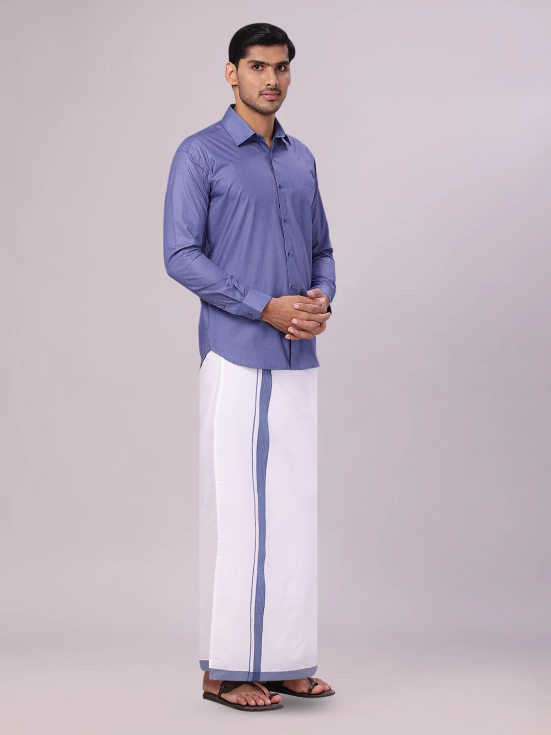 Men's Blue Color Shirt with Matching Border Dhoti Combo Casper - Image 3