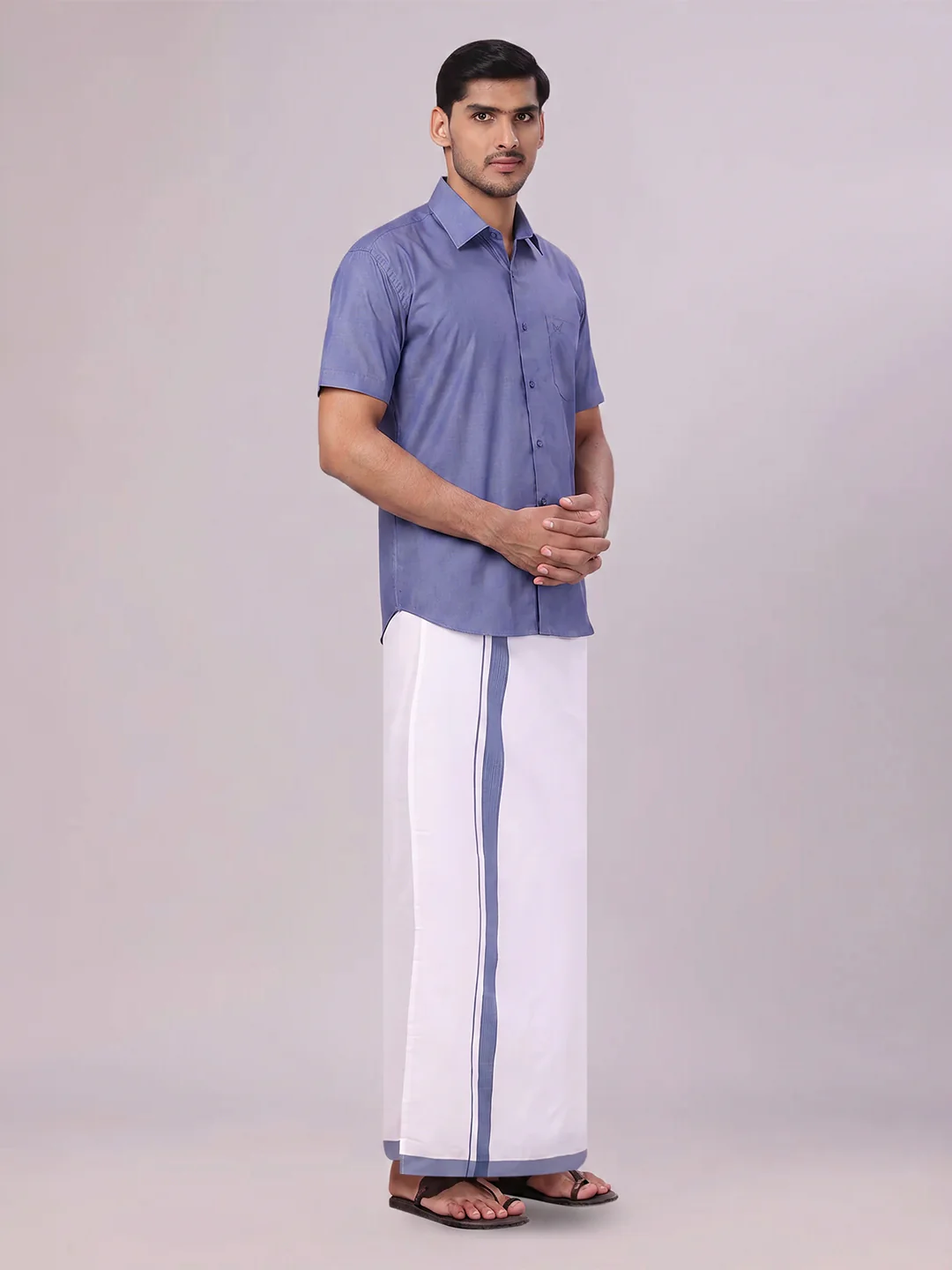 Men's Blue Color Shirt with Matching Border Dhoti Combo Casper - Image 4