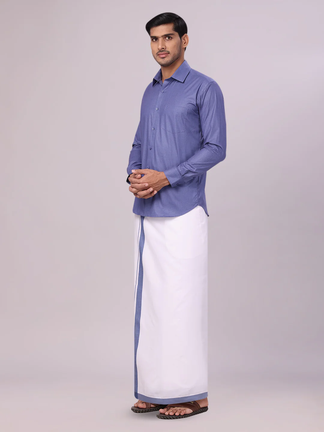 Men's Blue Color Shirt with Matching Border Dhoti Combo Casper - Image 5