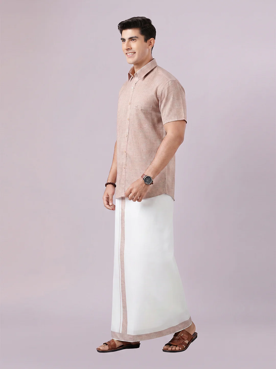 Men's Brown Color Digital Printed Shirt with Matching Printed Border Dhoti Combo Varnam - Image 2