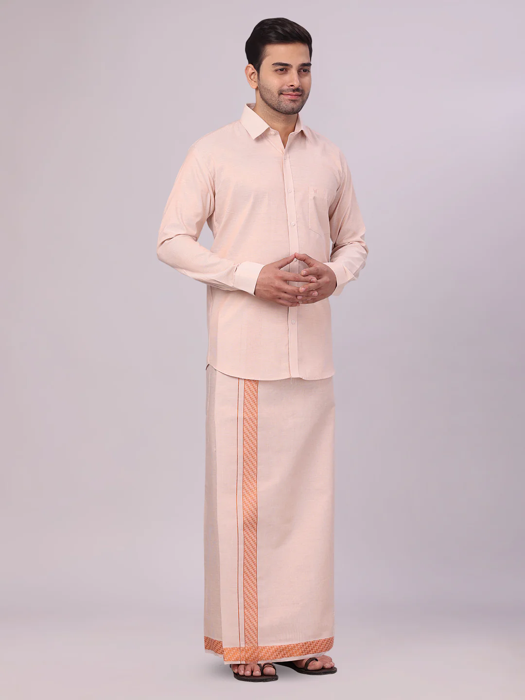 Men's Copper Tissue Stripe Shirt and Dhoti Combo with Jacquard Border Kane - Image 2