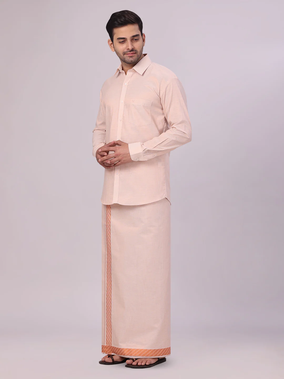 Men's Copper Tissue Stripe Shirt and Dhoti Combo with Jacquard Border Kane - Image 3