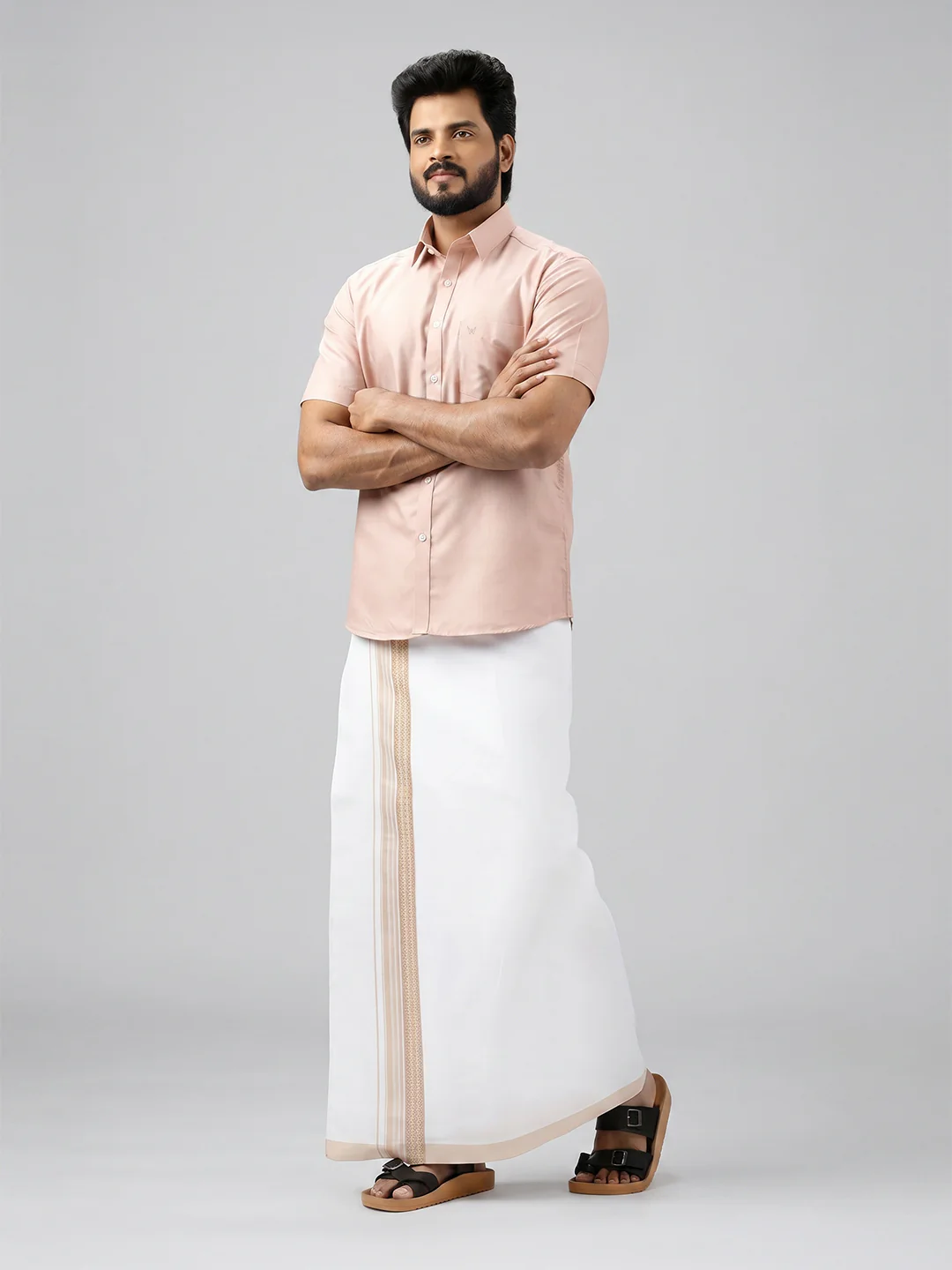 Men's Cotton Beige Matching Shirt with Fancy Printed Border Dhoti Combo Luster Trend - Image 2